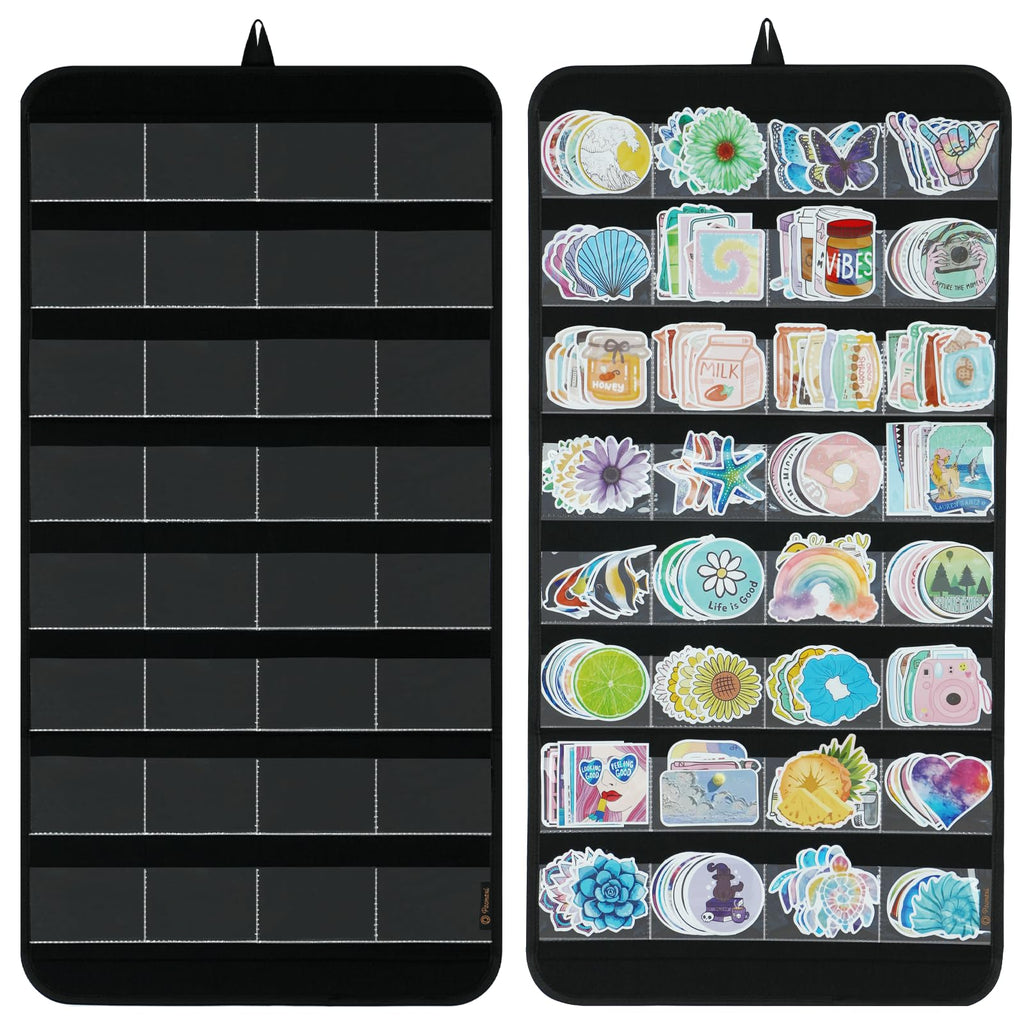 Portable Hanging Sticker Display Organizer – 32 Clear Pockets Wall-Mounted Felt Sticker Holder for Business Cards, Scrapbooking Supplies, Vendors & Crafters (Black)