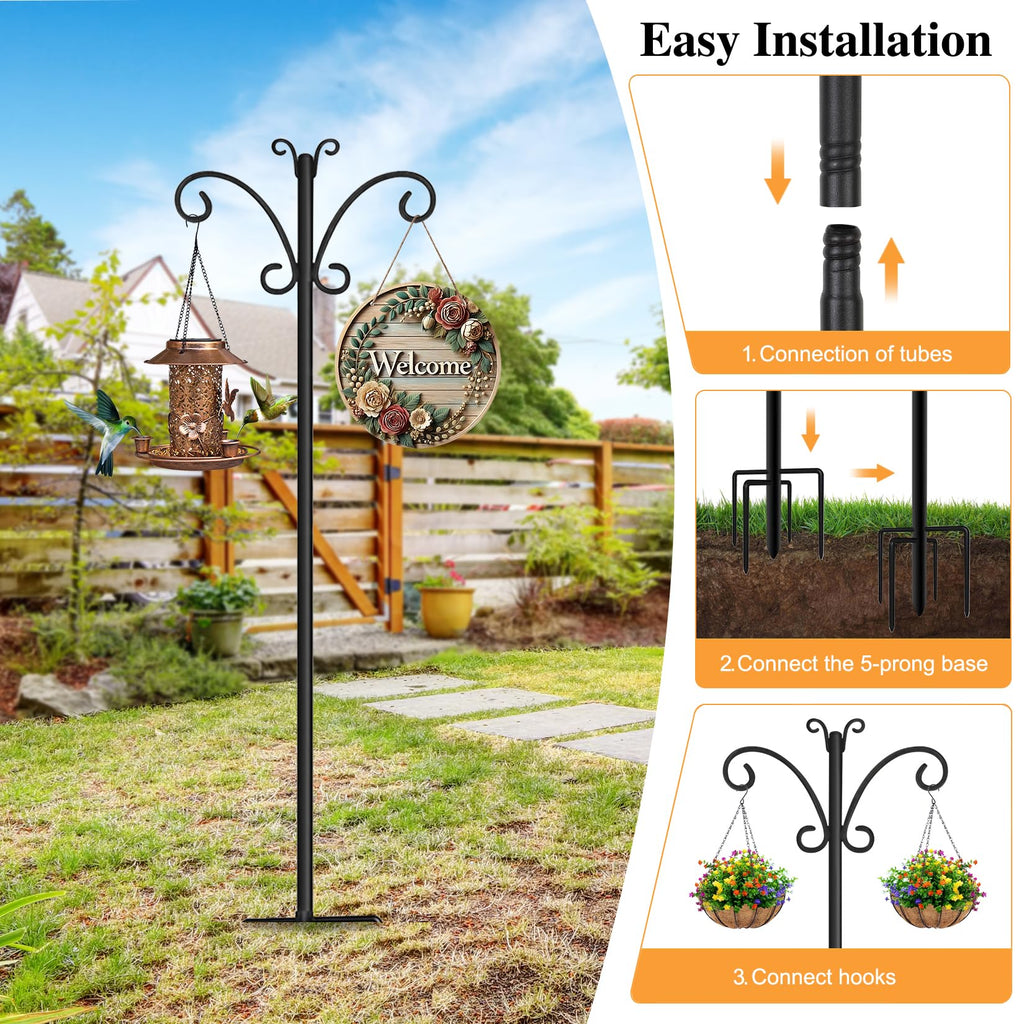 76" Shepherds Hooks for Outdoor with 5 Prong Base, Heavy-Duty Metal Bird Feeder Pole Stand for Hanging Plant, Flower Pots, Lanterns, Wind Chime, Weddings Decor