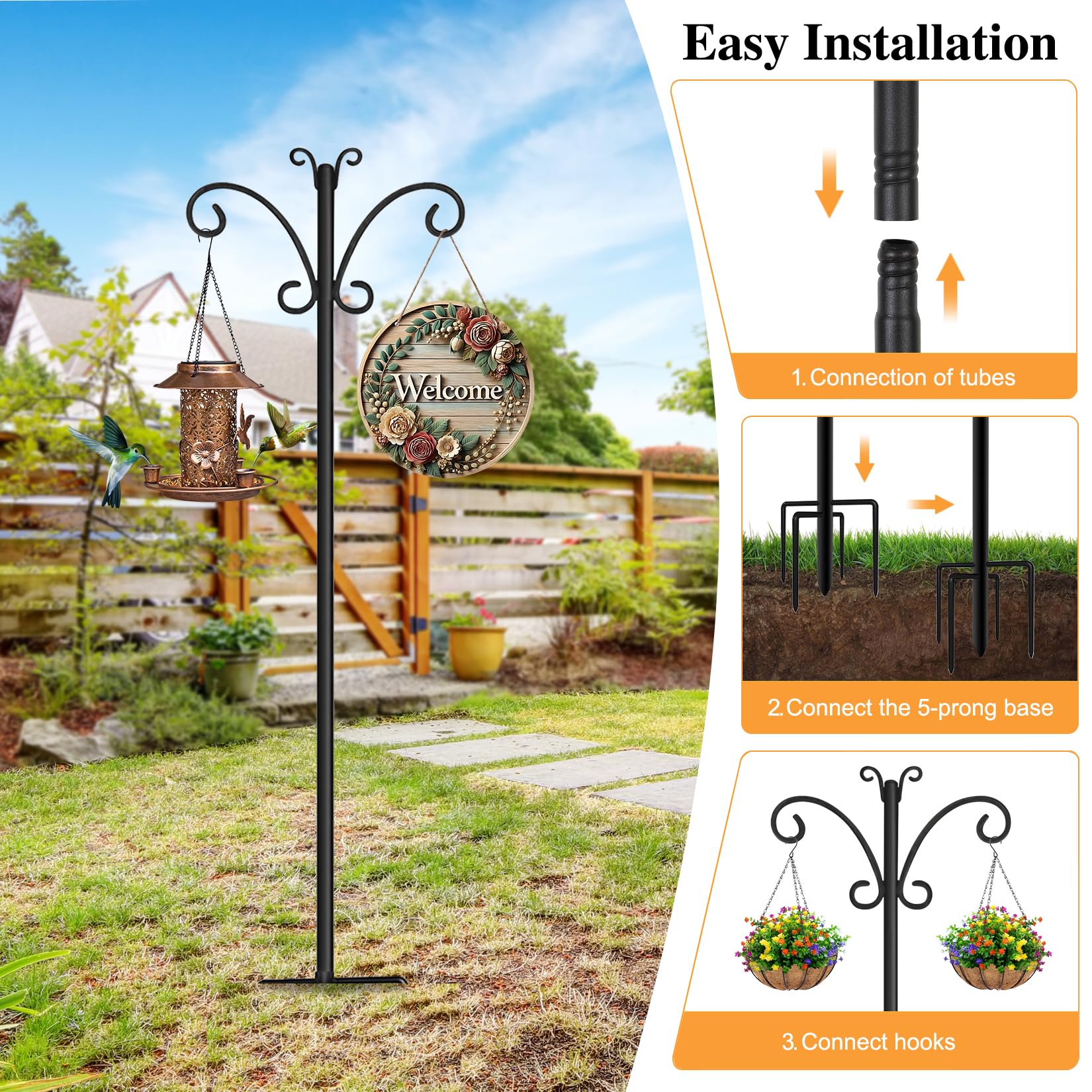 76" Shepherds Hooks for Outdoor with 5 Prong Base, Heavy-Duty Metal Bird Feeder Pole Stand for Hanging Plant, Flower Pots, Lanterns, Wind Chime, Weddings Decor