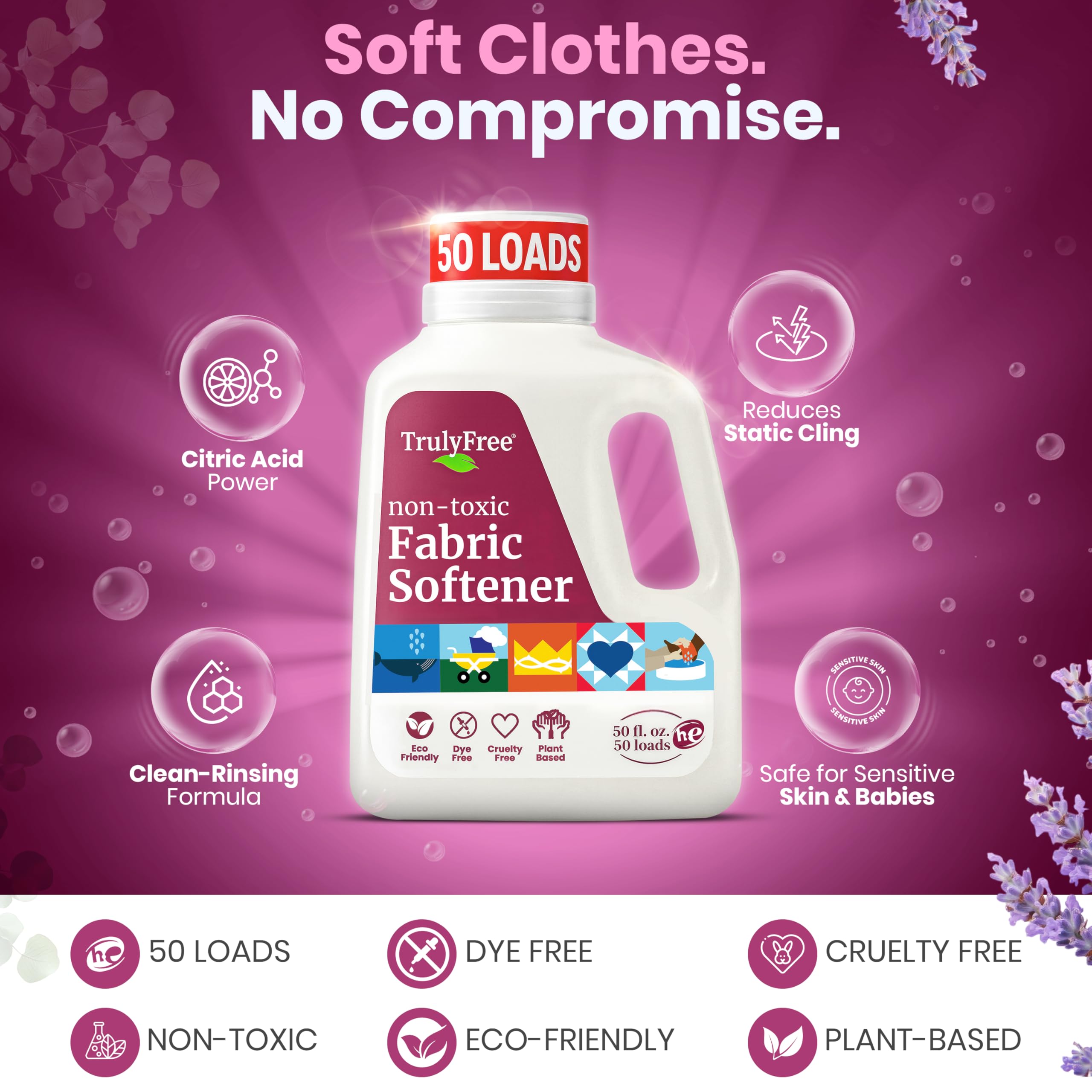 Truly Free Fabric Softening Conditioner for Clothes| Safe for Babies & Kids with Sensitive Skin | Plant-Based | Include 1 Refillable 50oz Bottle with Measuring Cap| Signature Scent Rinse(50 Loads)