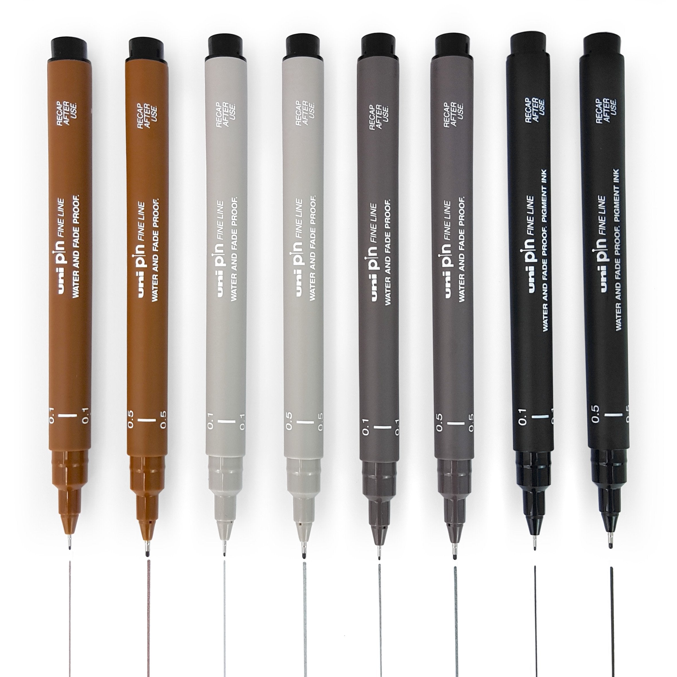 Uni Pin Fineliner Drawing Pen - Sketching Set of 8-0.1mm / 0.5mm - Black, Dark Gray, Light Gray, and Sepia