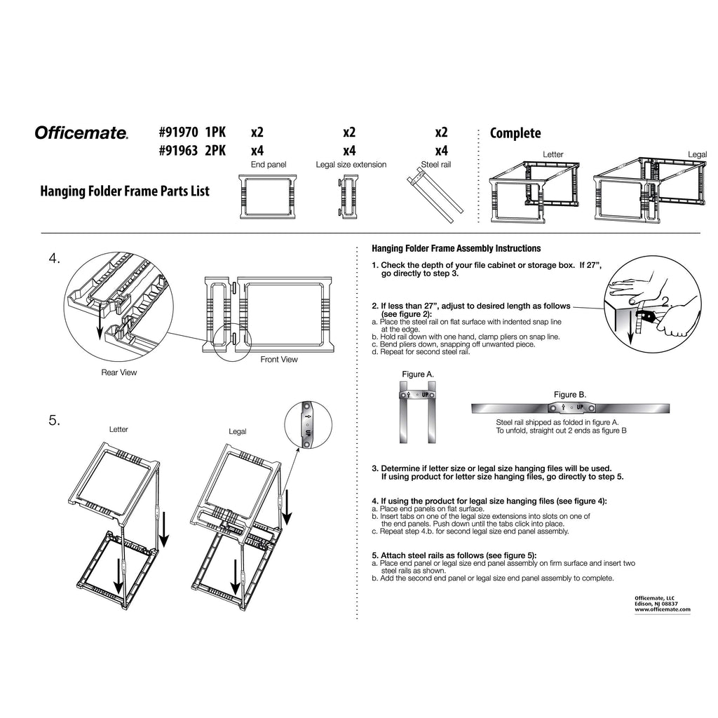 Officemate Plastic Hanging File Frame, 24" - 27", Letter and Legal Size, 1 Set (91970)