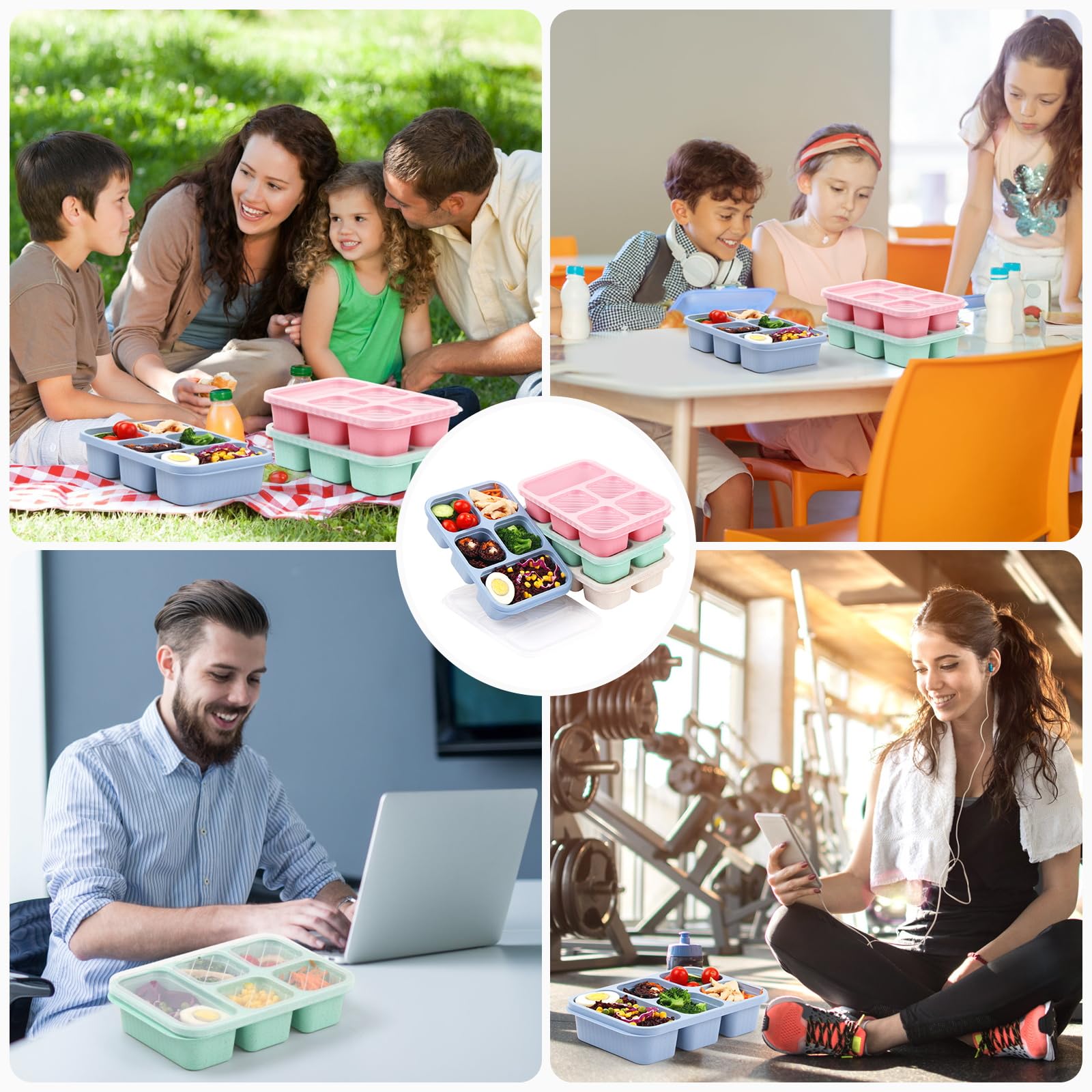 4 Pack Bento Lunch Box - BPA-Free Reusable Bento Box Kids Adult - 5-Compartment Meal Prep Container with Lids - Lunch Box for Kids, Toddler, Adults - Suitable for School, Company, and Travel