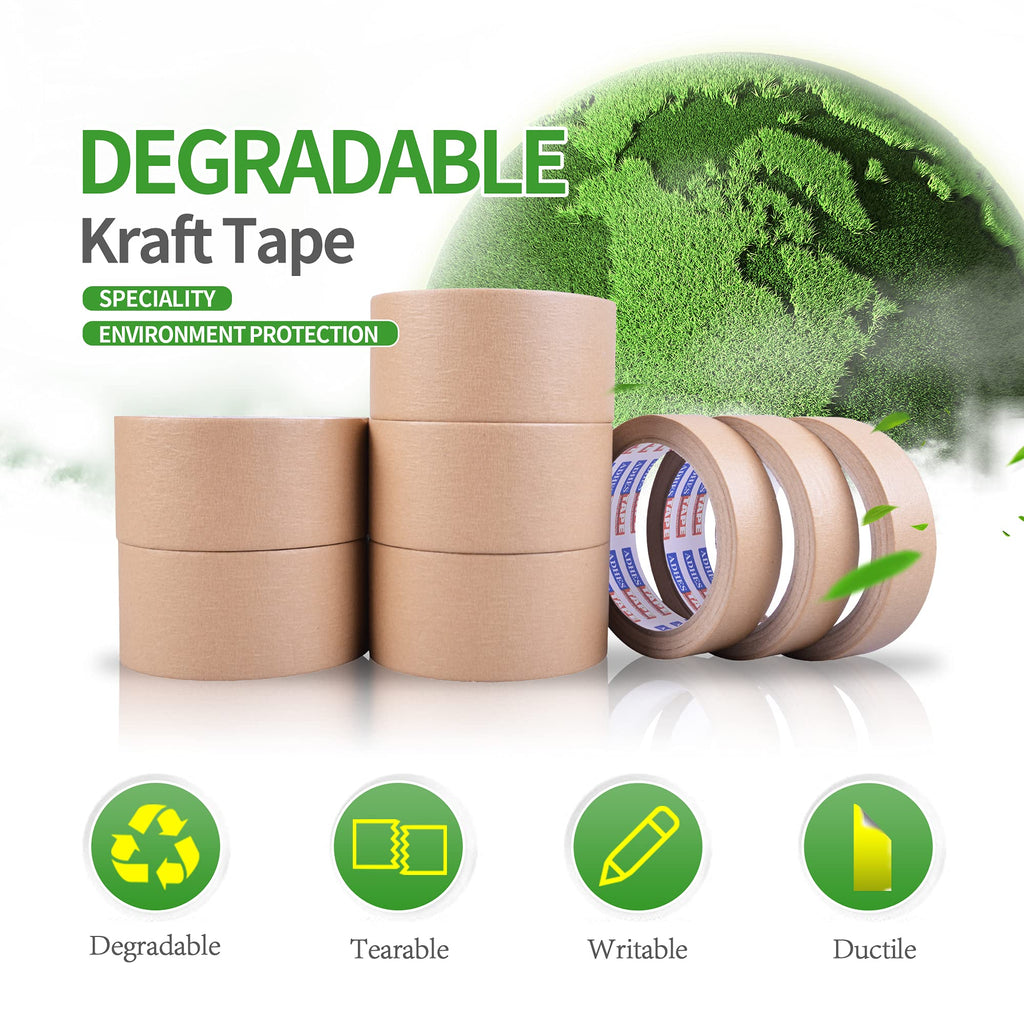 ADHES Biodegradable Kraft Paper Tape, Eco Friendly & Writable & Uncoated Paper Packing Tape Brown Packing Tape for Masking, Sealing, and Packaging Use, 2 inch x 55 Yards, 3 Rolls