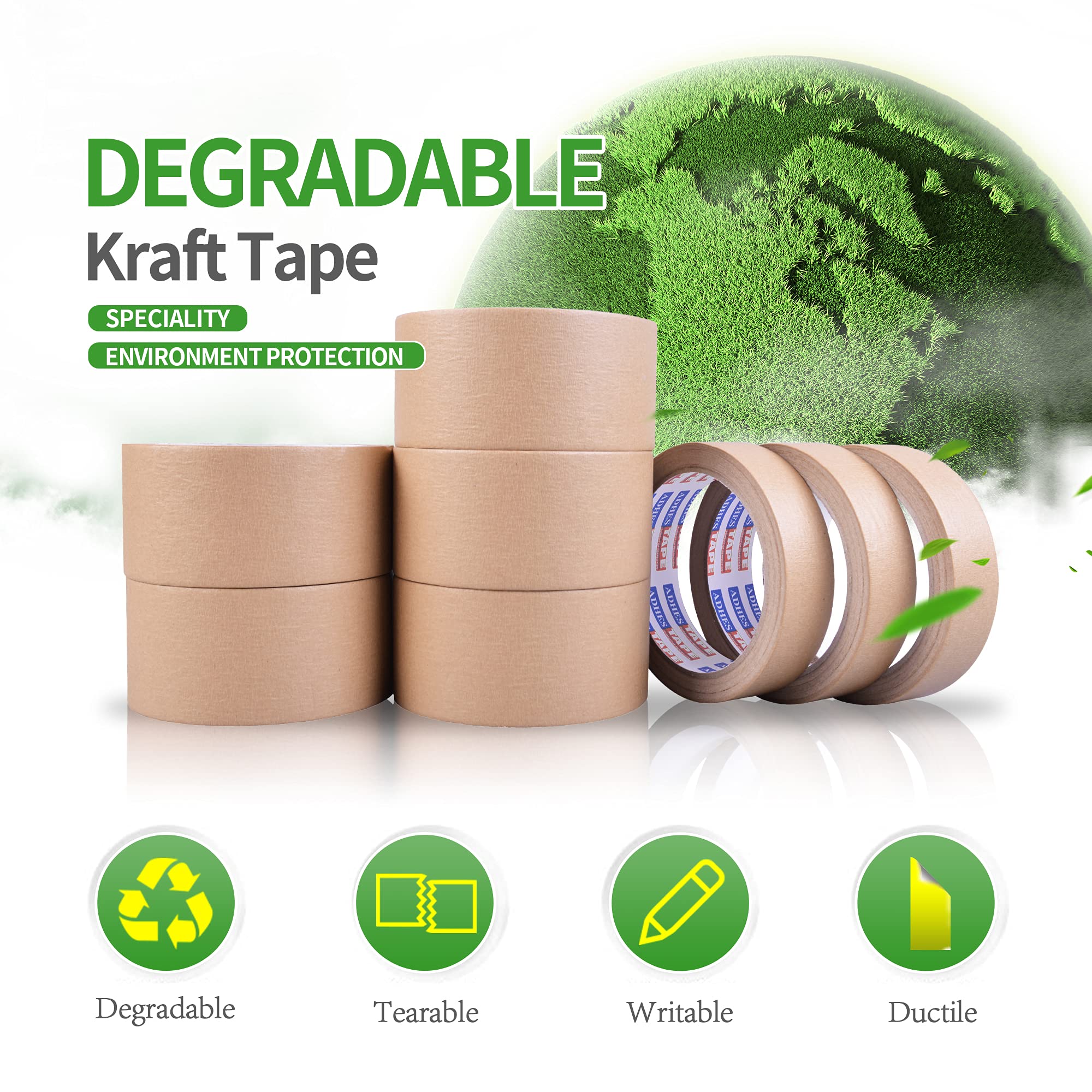 ADHES Biodegradable Kraft Paper Tape, Eco Friendly & Writable & Uncoated Paper Packing Tape Brown Packing Tape for Masking, Sealing, and Packaging Use, 2 inch x 55 Yards, 3 Rolls