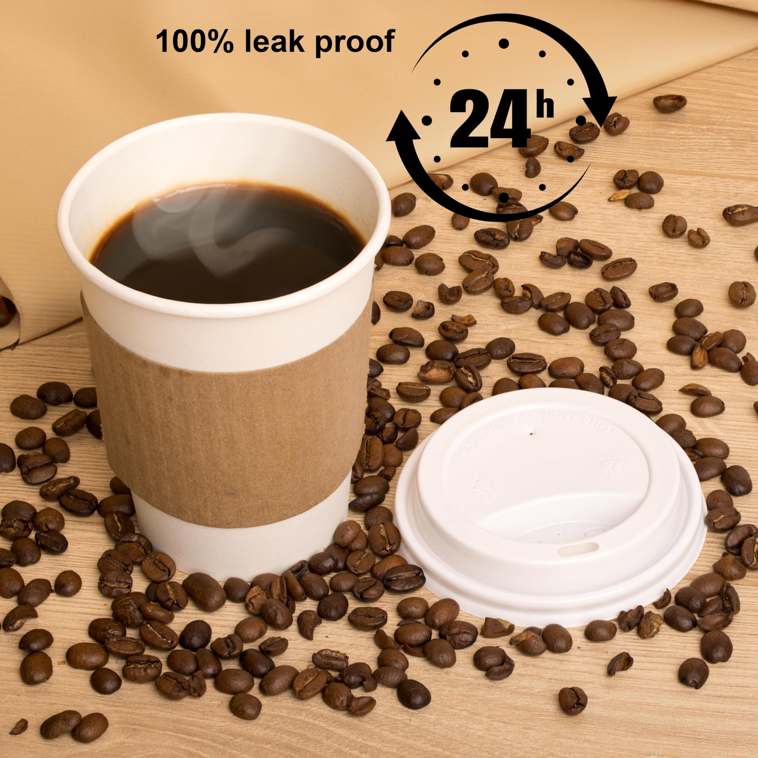 Blue Lake 12 oz Disposable Coffee Cups with Lids & Cup Sleeves. Made in Canada. 100 Cups, lids & Cup Sleeves