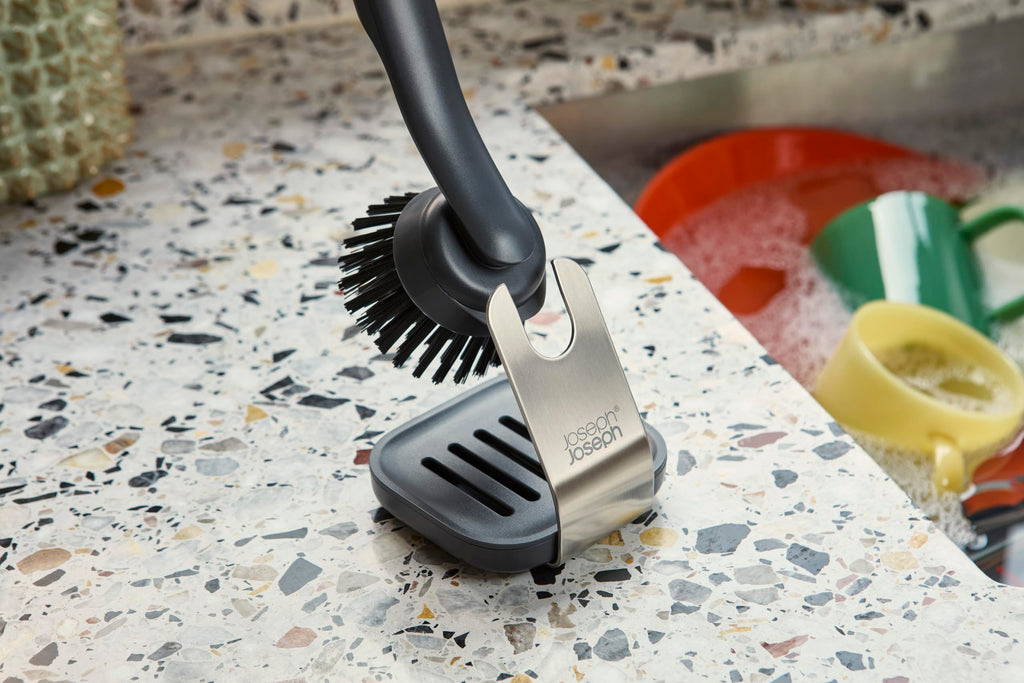 Joseph Joseph SinkTech Dish Brush with Stainless-Steel Storage Stand, Durable Bristles, Pan Scraper, Replaceable Head