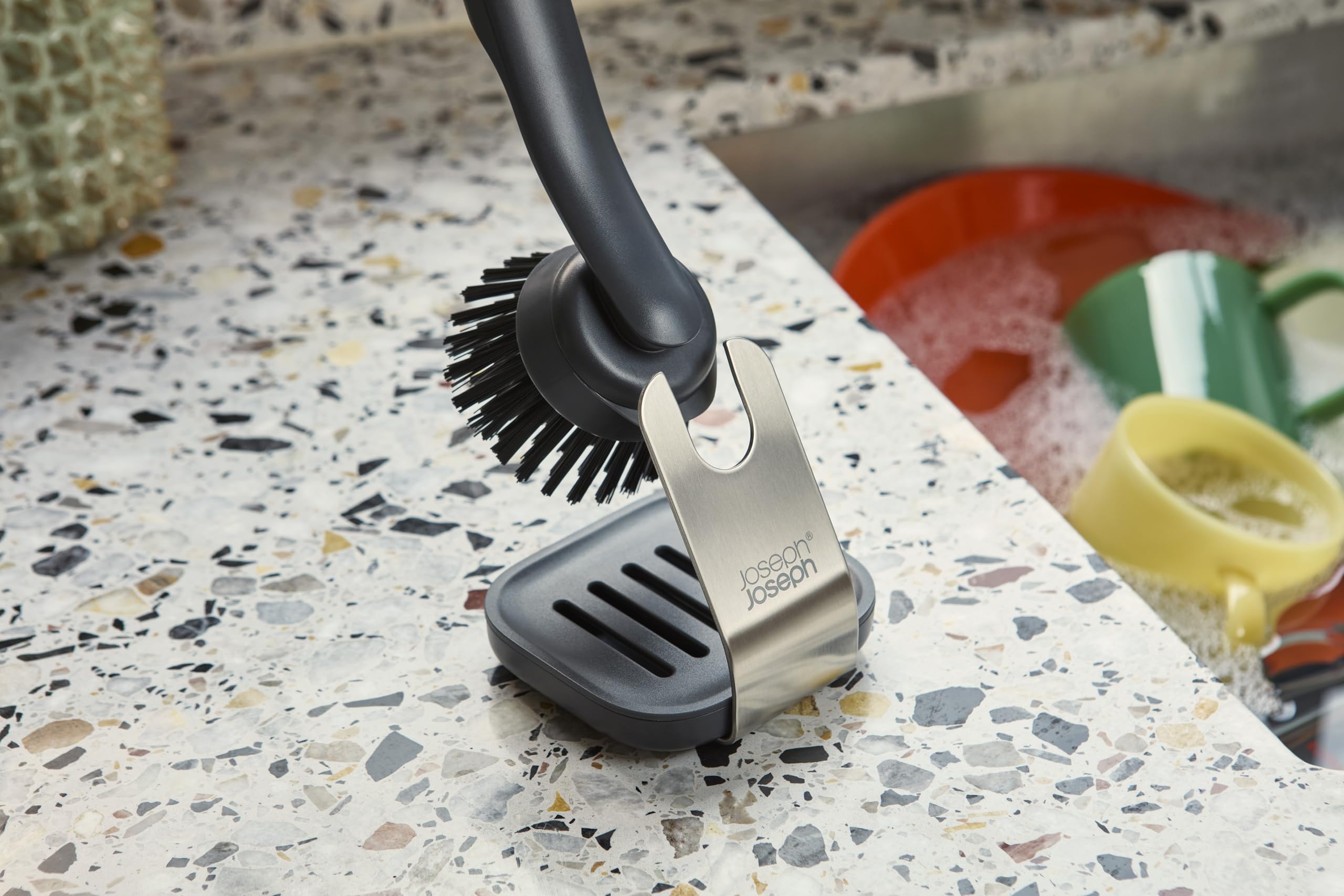 Joseph Joseph SinkTech Dish Brush with Stainless-Steel Storage Stand, Durable Bristles, Pan Scraper, Replaceable Head