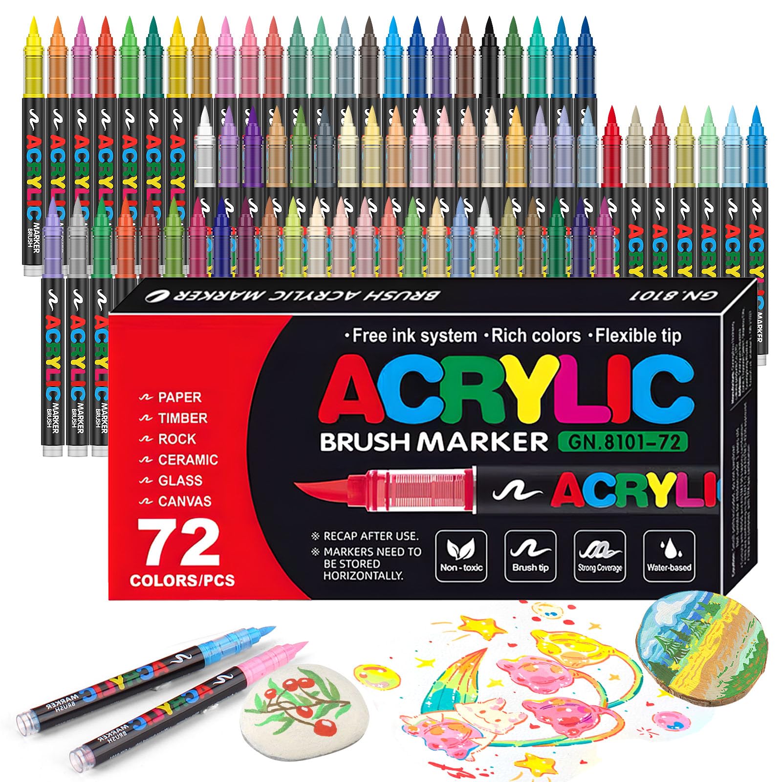 72 Colors Soft Brush Tip Acrylic Paint Markers Set, Pens for Rock, Wood, Fabric, Canvas, Glass, DIY Crafts, Waterproof Markers, Vibrant Acrylic Paint Pens for Artists and Art Projects