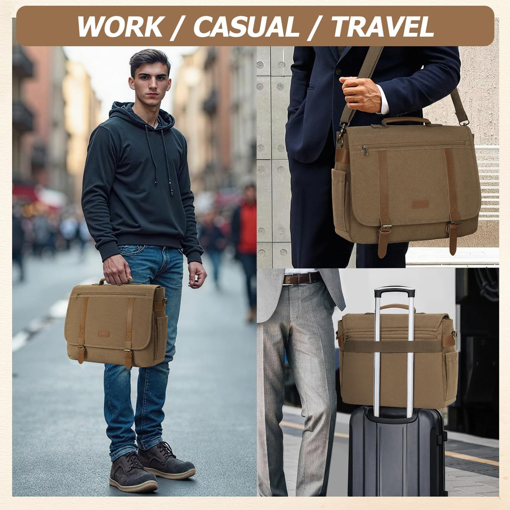 NUBILY Messenger Bag Men 15.6 Inch Laptop Bag Vintage Canvas Briefcase Retro Work Computer Bag Large Shoulder Bag Water Resistant Cross-Body Satchel Bag For Business Office College Travel，Brown