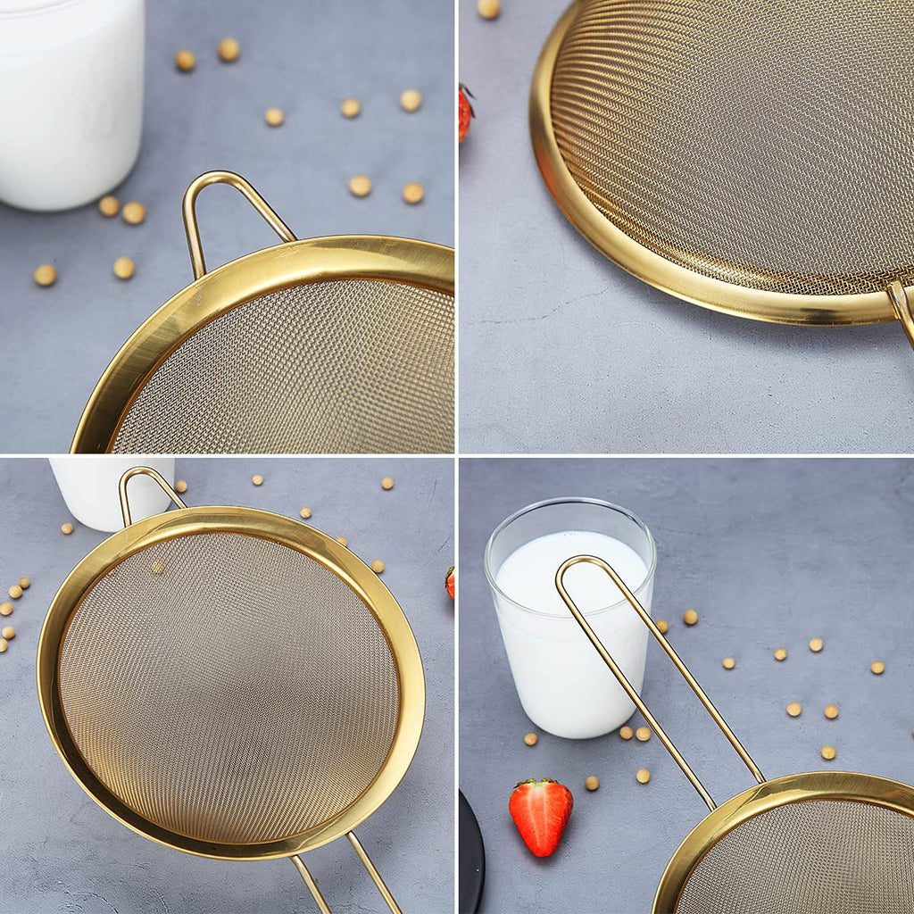 Gold Fine Mesh Strainer 3 Pieces Set, Golden Flour Sifter for Baking, Stainless Steel Clander, Gold Matcha Tea Strainer, Gravy Separator, Stasher Sieve Pasta Strainers
