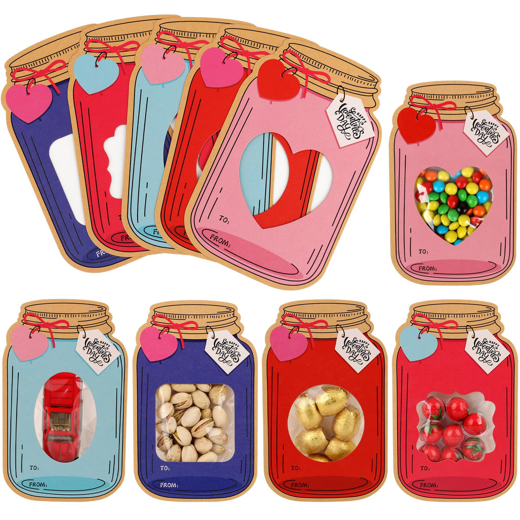 Giiffu 50 Pack Mason Jar Valentine Cards for Kids Classroom, 5 Color Designs DIY Valentine’s Day Cards with Treat Bags, Candy Valentines for School Exchange Party Favors (Candy Not Included)