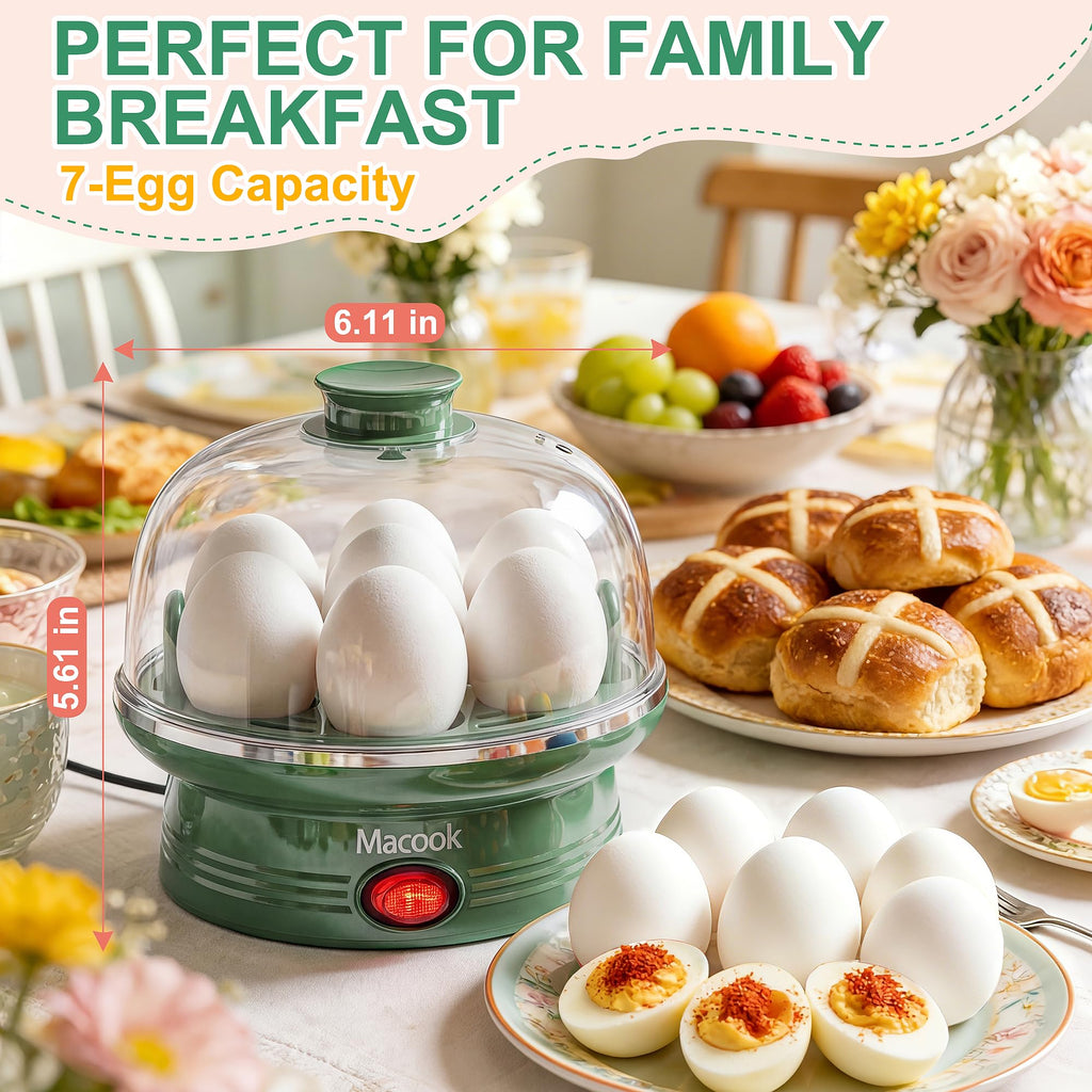 Macook Electric Egg Cooker and Boiler, 7-Egg Capacity Steamer, Fast Heating, for Hard, Soft, Medium Boiled Eggs, with 304 Stainless Steel Tray, BPA-Free, Green