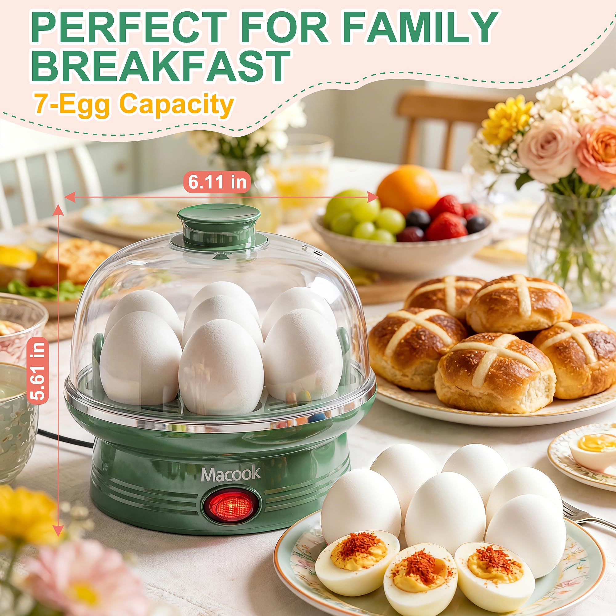 Macook Electric Egg Cooker and Boiler, 7-Egg Capacity Steamer, Fast Heating, for Hard, Soft, Medium Boiled Eggs, with 304 Stainless Steel Tray, BPA-Free, Green