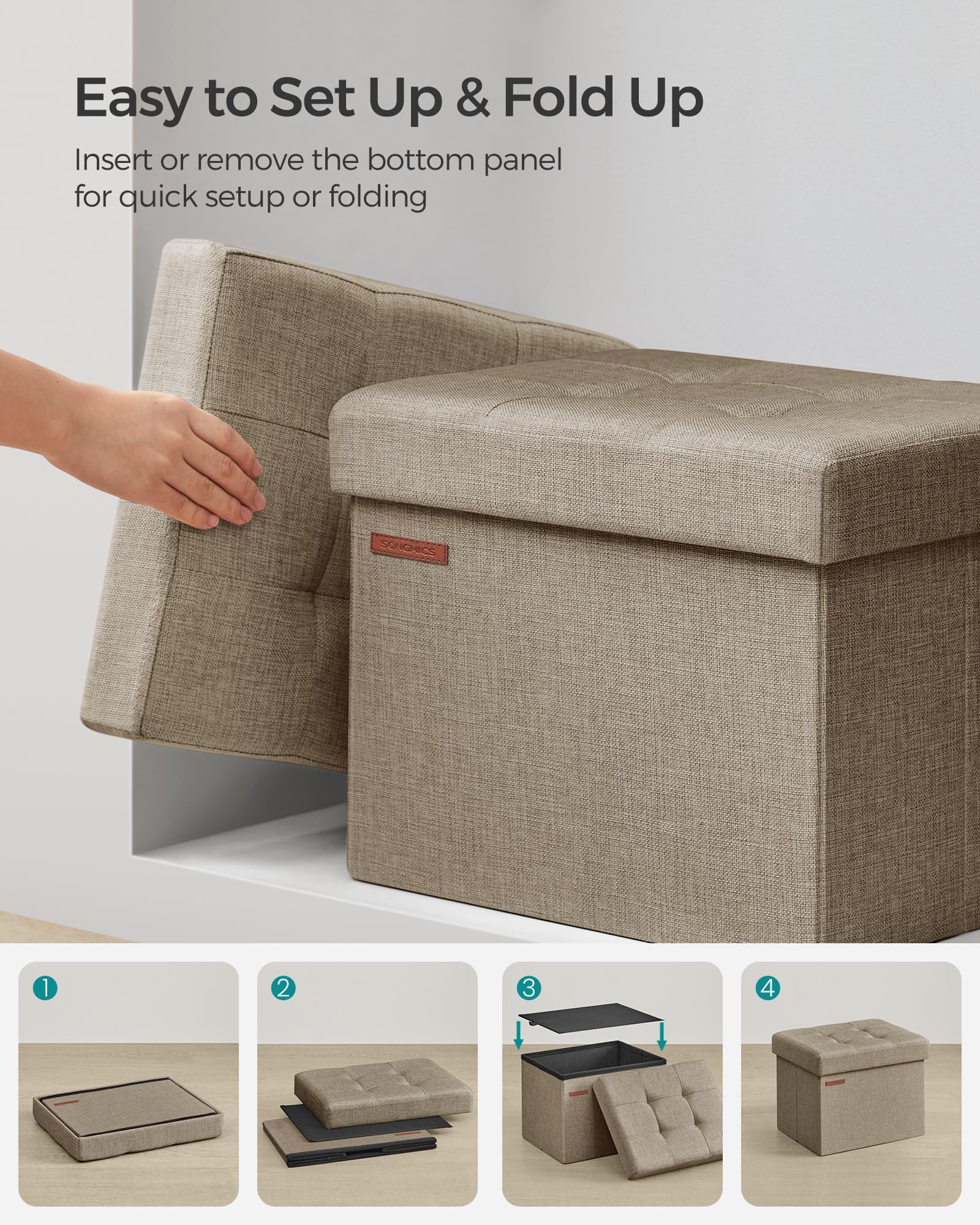 SONGMICS Small Folding Storage Ottoman, Foot Rest Stool, 31 x 41 x 31 cm, 286 kg Load Capacity, for Living Room, Bedroom, Home Office, Dorm, Light Taupe ULSF102K01