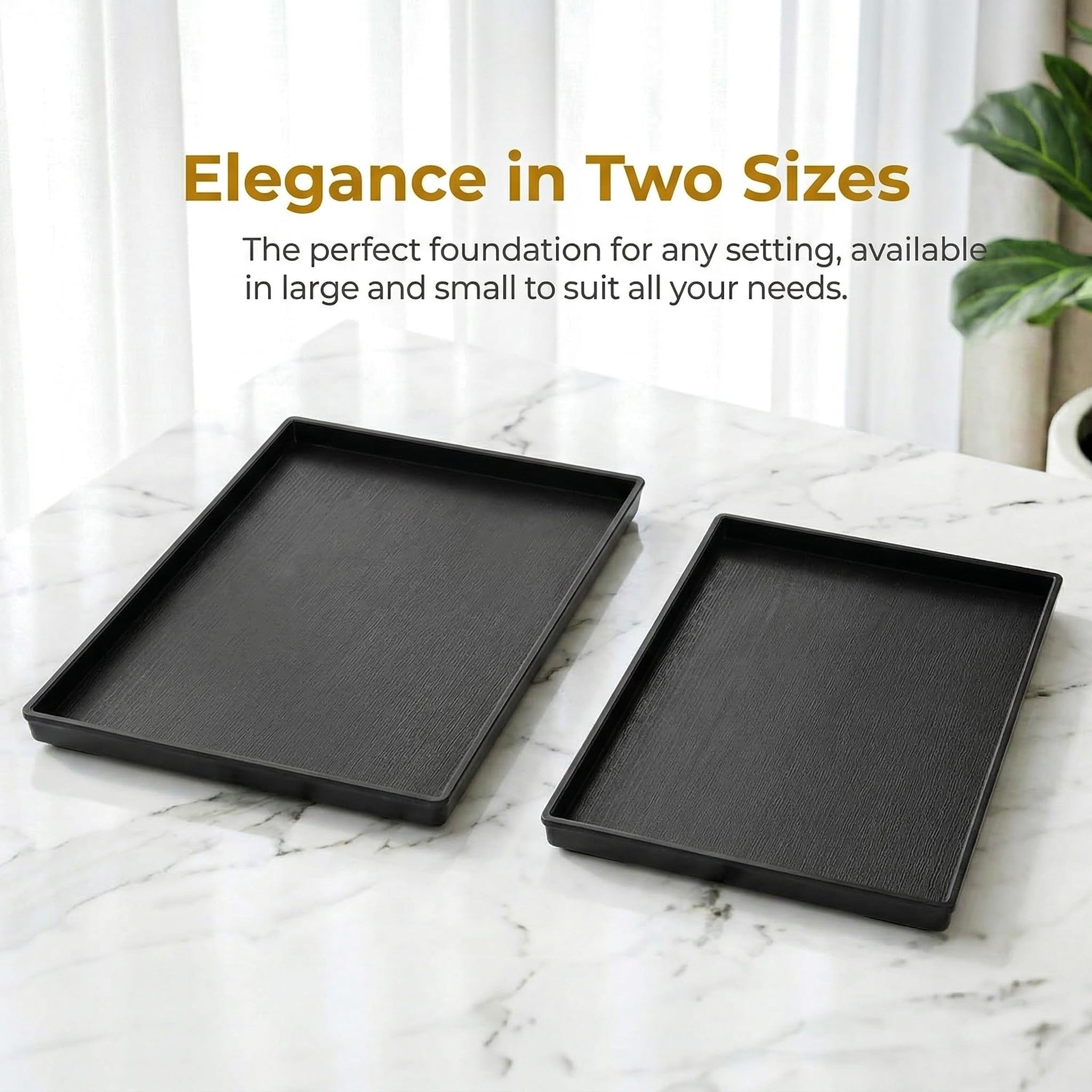 Cedilis 2 Pack Rectangular Serving Trays, Non-Slip Multi-Purpose Plastic Tray for Coffee Table, Parties, 2 Different Sizes, Black