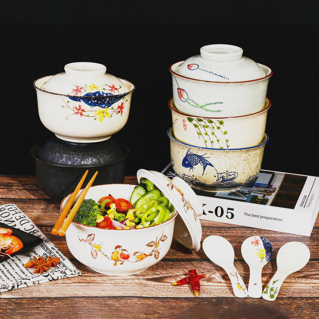 800ml Ceramic Ramen Bowl Set with Lid, Spoon and Chopsticks, Large Soup Bowls Japanese Vintage Instant Noodle Bowl Asian Tableware (Fish * 1)