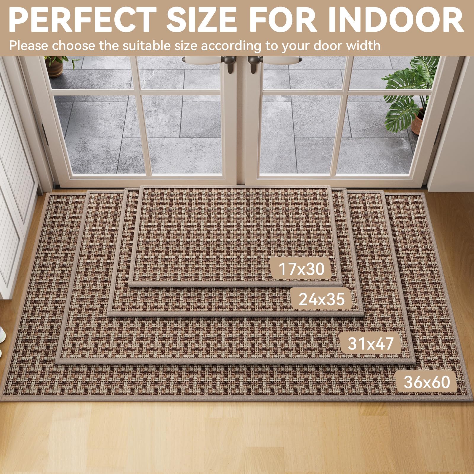 Door Mat 17"x30", Door Mat Indoor Entrance Dirt Resistant and Absorbent, Non-Slip Rubber Backing Front Door Mats, Easy Clean Low-Profile Doormat for Entryway, Front Door, Inside Entrance, Brown