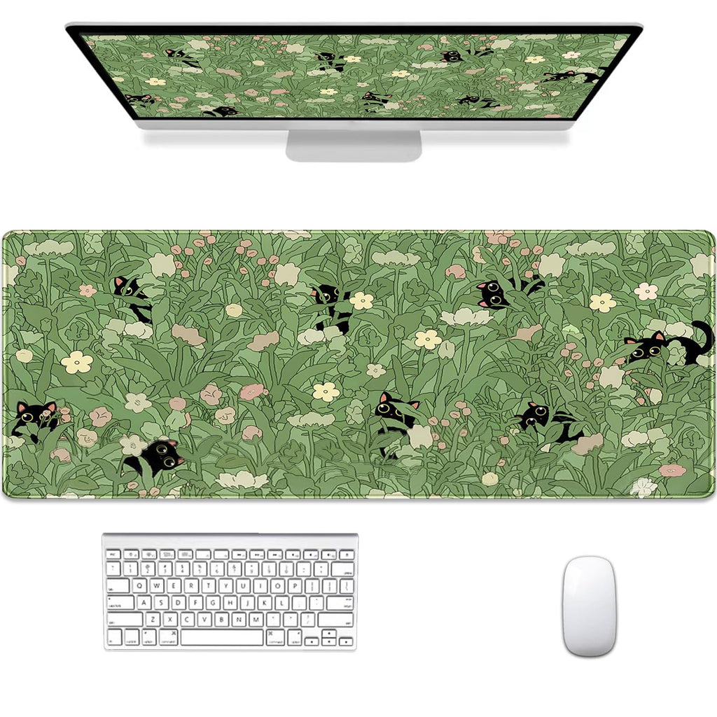 Gaming Mouse Pad XXL Extended Anime Mouse Pad 31.5x11.8 inch, Large Cute Kawaii Big Computer Mouse Mat Desk Pad with Non-Slip Rubber Base and Stitched Edge for Home Office-Cat in Grass