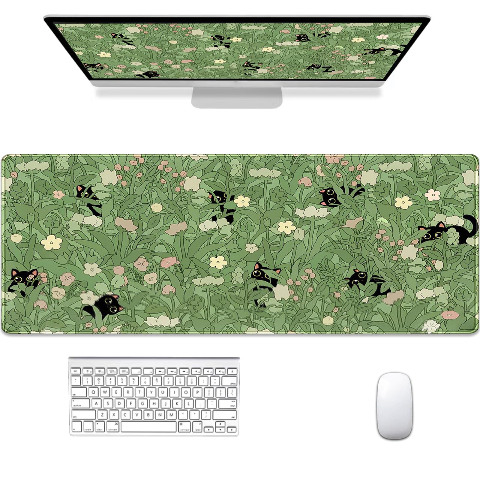 Gaming Mouse Pad XXL Extended Anime Mouse Pad 31.5x11.8 inch, Large Cute Kawaii Big Computer Mouse Mat Desk Pad with Non-Slip Rubber Base and Stitched Edge for Home Office-Cat in Grass