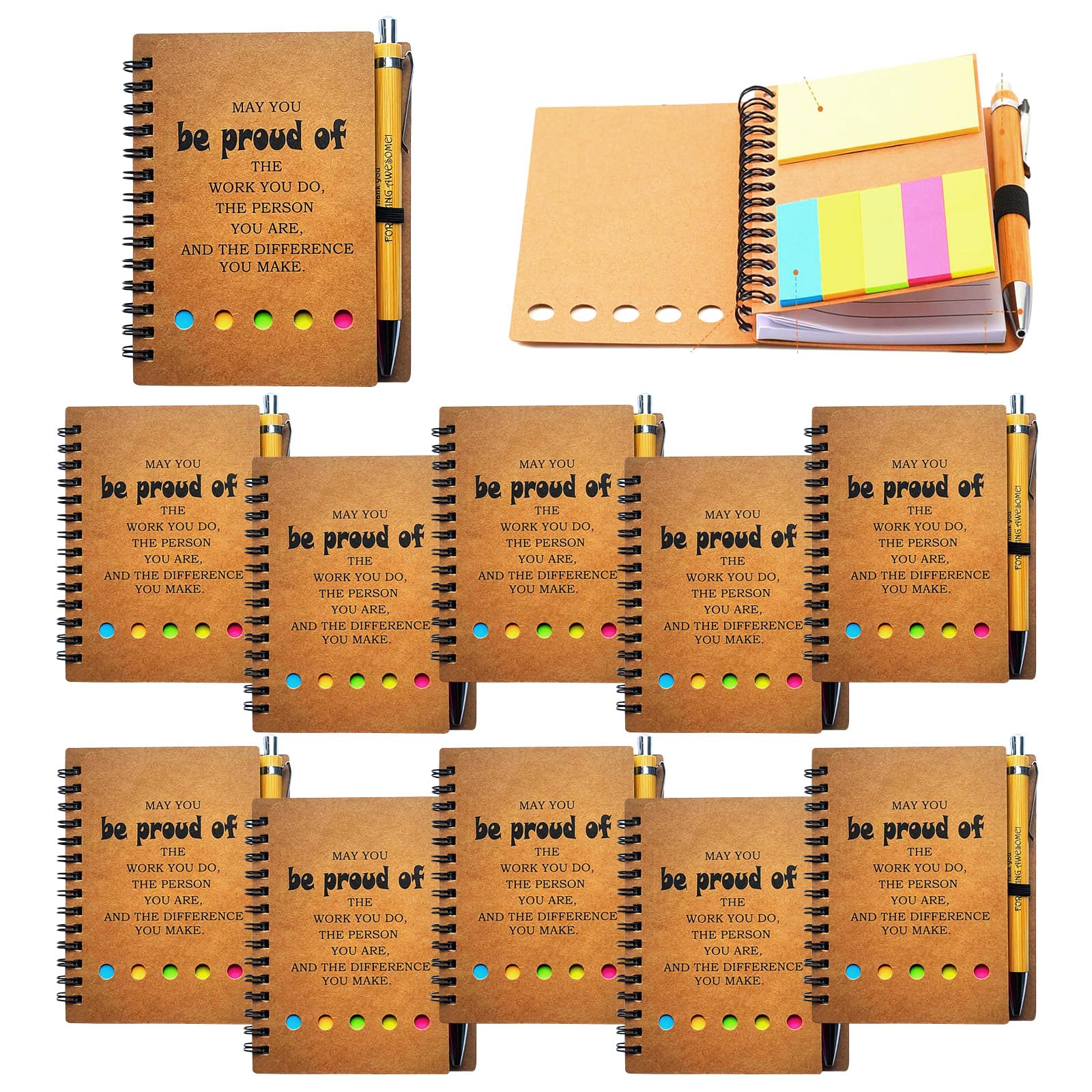 12 Sets Employee Appreciation Inspirational Spiral Notebook Journal with Sticky Note Notepad Motivational Bamboo Ballpoint Pen Bulk for Nurse Teacher Student Coworker Thank You Present