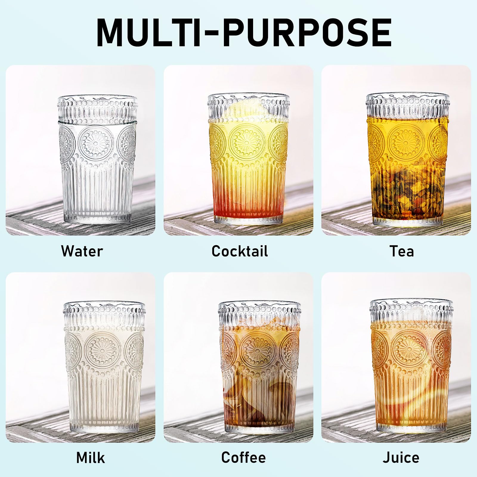 Vintage Drinking Glasses Set of 12, Textured Clear Striped Glass Cups, 10oz Ribbed Glassware Set, Tall Water Glass Tumblers, Mojito Cups, Cocktail Glass, Iced Coffee Cup, Bar Glassware