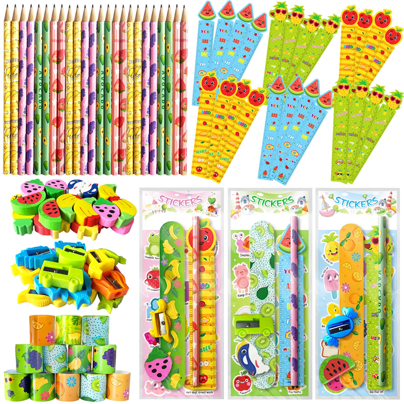 Stationery Party Packs, Birthday Goodie Bags with Stickers Rulers Pencils Erasers Sharpeners Slap Bracelets for Goodie Bags Classroom Return Gifts Class Birthday Gifts for Student (28Pack)