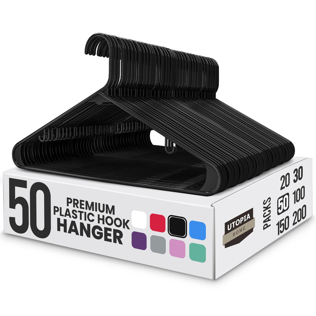 Utopia Home Plastic Hanger, 50 Pack, Black Clothes Hangers with Hooks, Durable Heavy Duty Coat Hangers for Shirts, Pants, Skirts, Jackets, Blouses, Dresses, and Everyday Closet Organization