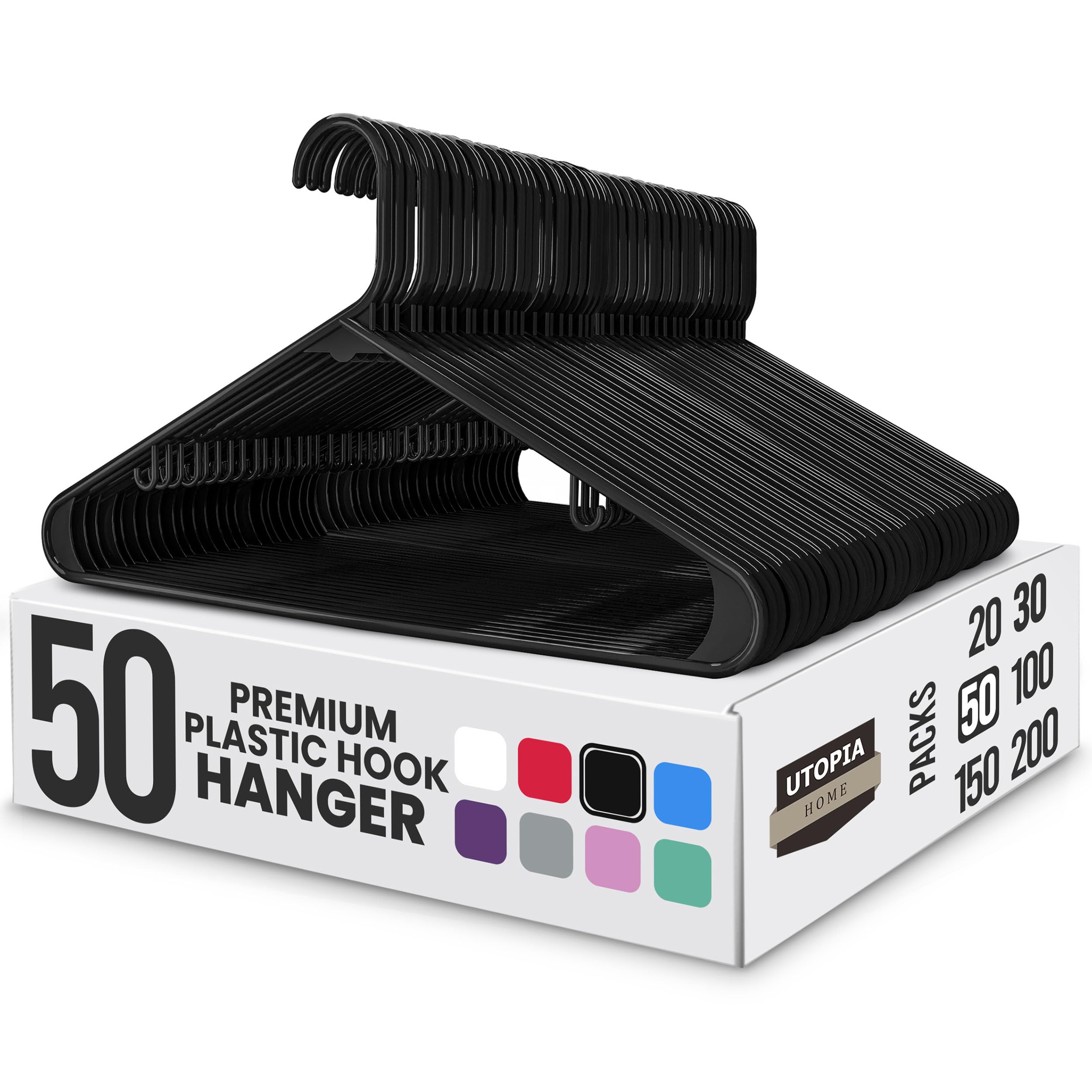 Utopia Home Plastic Hanger, 50 Pack, Black Clothes Hangers with Hooks, Durable Heavy Duty Coat Hangers for Shirts, Pants, Skirts, Jackets, Blouses, Dresses, and Everyday Closet Organization