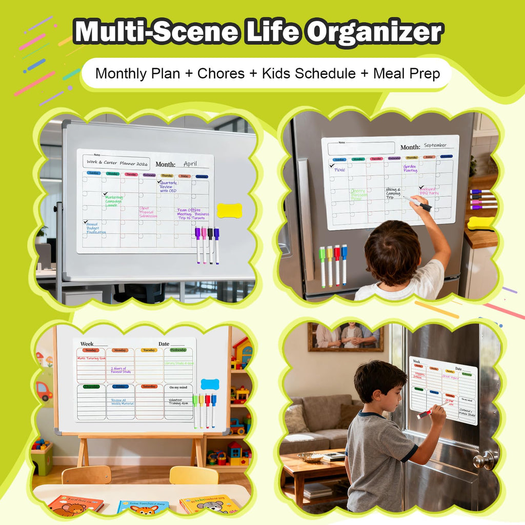 Dry Erase Magnetic Calendar Refrigerator - 2PCS Set A3 A4 Size Planner, No Ghosting, Strong Magnet, Easy Clean, Whiteboard Calendar with Eraser Cloth, Planner for Office Home Refrigerator Iron Door
