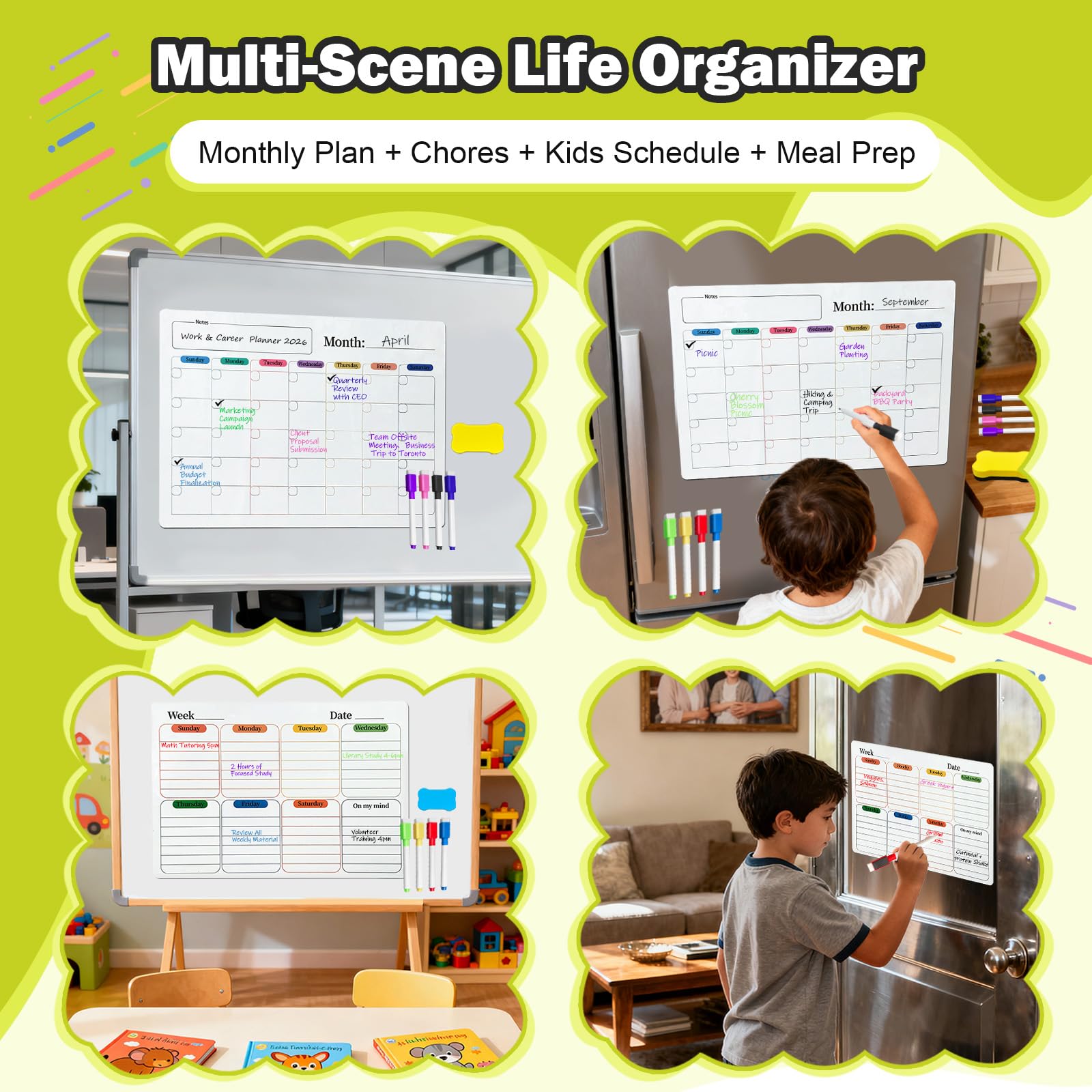 Dry Erase Magnetic Calendar Refrigerator - 2PCS Set A3 A4 Size Planner, No Ghosting, Strong Magnet, Easy Clean, Whiteboard Calendar with Eraser Cloth, Planner for Office Home Refrigerator Iron Door