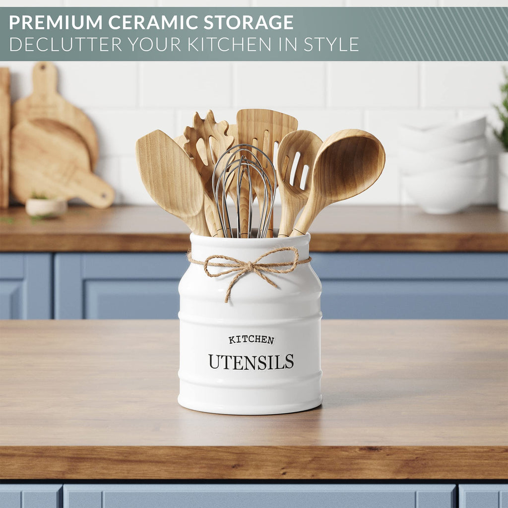Barnyard Designs Ceramic Utensil Crock Holder for Kitchen Counter, Rustic Farmhouse Countertop Decor, French Country Organizer for Cooking Utensils, Spatulas and Mixing Spoons (White)