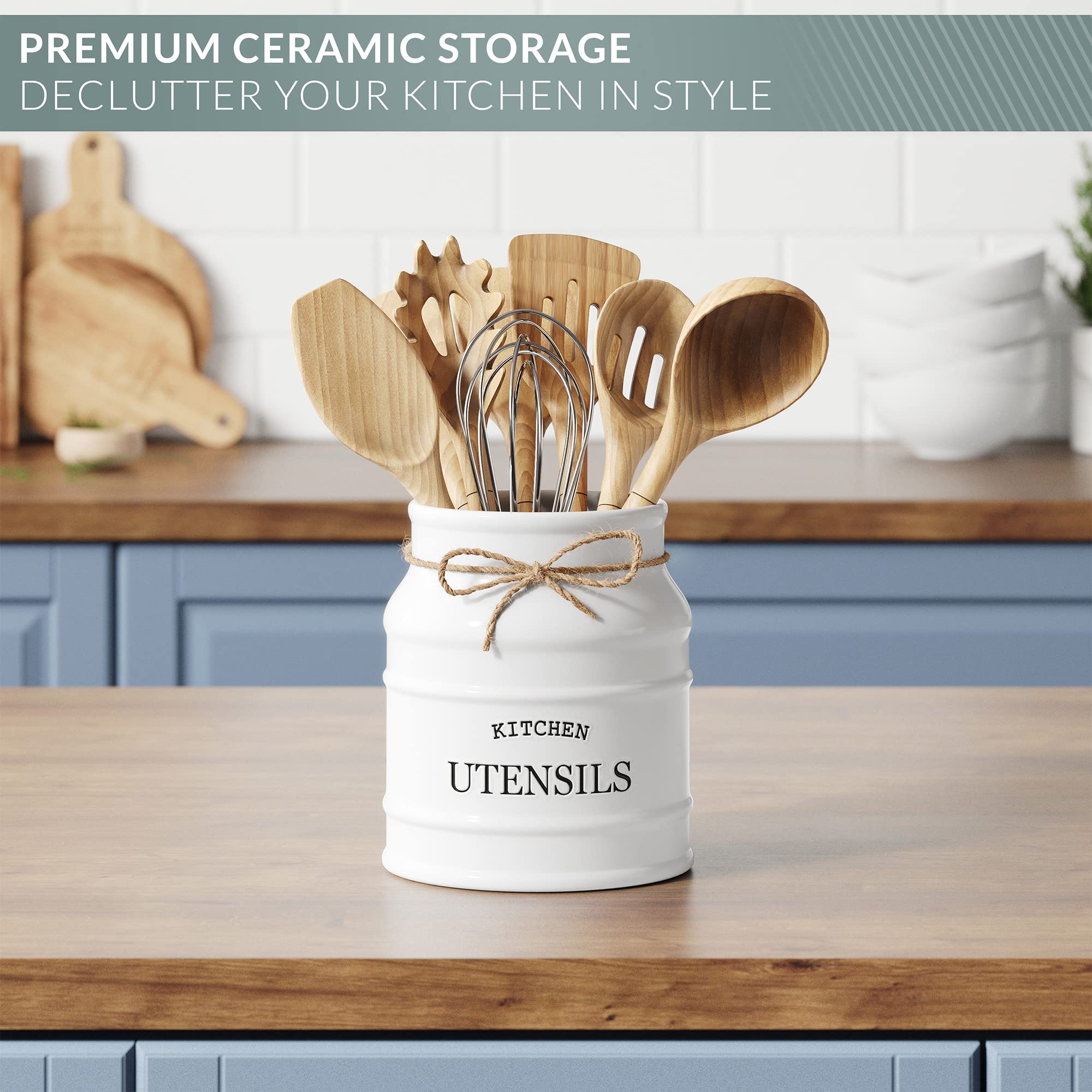 Barnyard Designs Ceramic Utensil Crock Holder for Kitchen Counter, Rustic Farmhouse Countertop Decor, French Country Organizer for Cooking Utensils, Spatulas and Mixing Spoons (White)