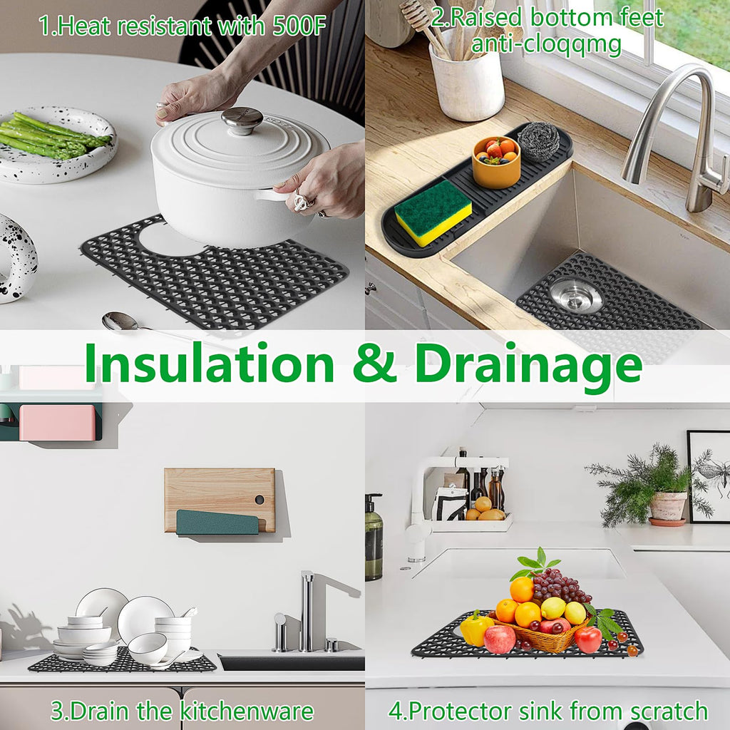2 Pcs Kitchen Sink Mats, Silicone Grid Sink Protectors Draining Mat for Bottom of Kitchen Sink, Non-Slip Heat Resistant Kitchen Sink Accessories (Rear Drain, Black)