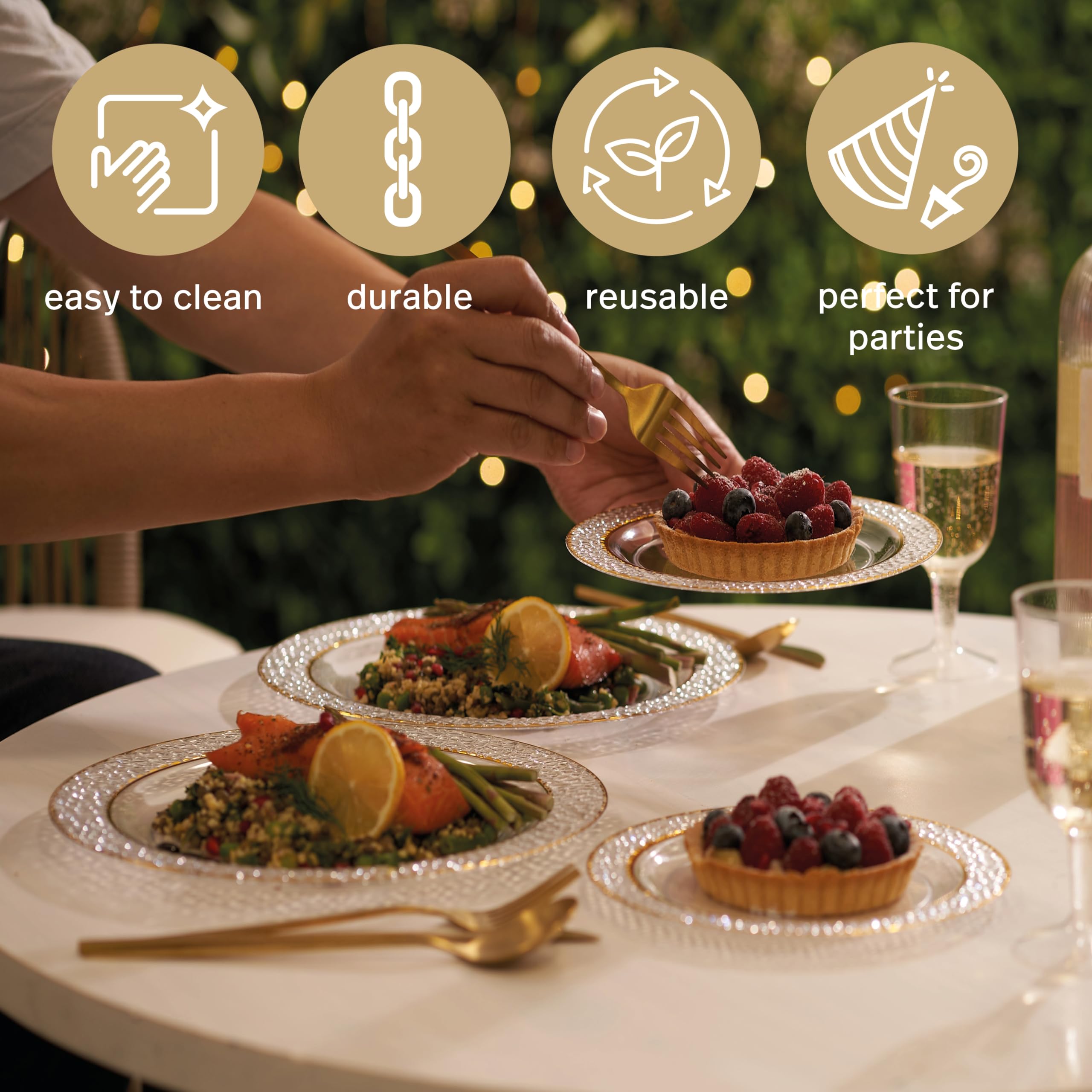 MATANA 40 Clear Plastic Party Plates with Hammered Gold Rim, 20 Dinner Plates 10.25 Inch + 20 Salad Dessert Appetizer Plates 7.5 Inch, Heavy Duty, Premium, Reusable for Parties, Wedding & Events