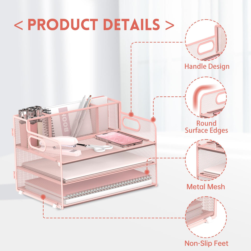 JMHUD 3-Tier Paper Letter Tray Organizer with Pen Holder, Mesh Desk Accessories & Workspace Organizers with Handle, File Sorter Office Supplies for Desk,Pink