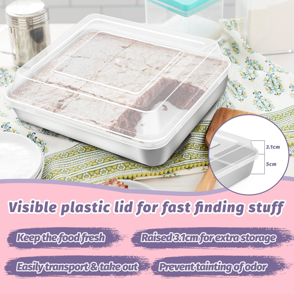 8 x 8 Inch Square Cake Pan with Lid, HaSteeL Baking Sheet with Plastic Cover, Stainless Steel Bakeware Brownie Tin Lasagna Pan, Healthy & Non-Toxic, Matte Finish & Dishwasher Safe, 1 Pan + 1 Lid