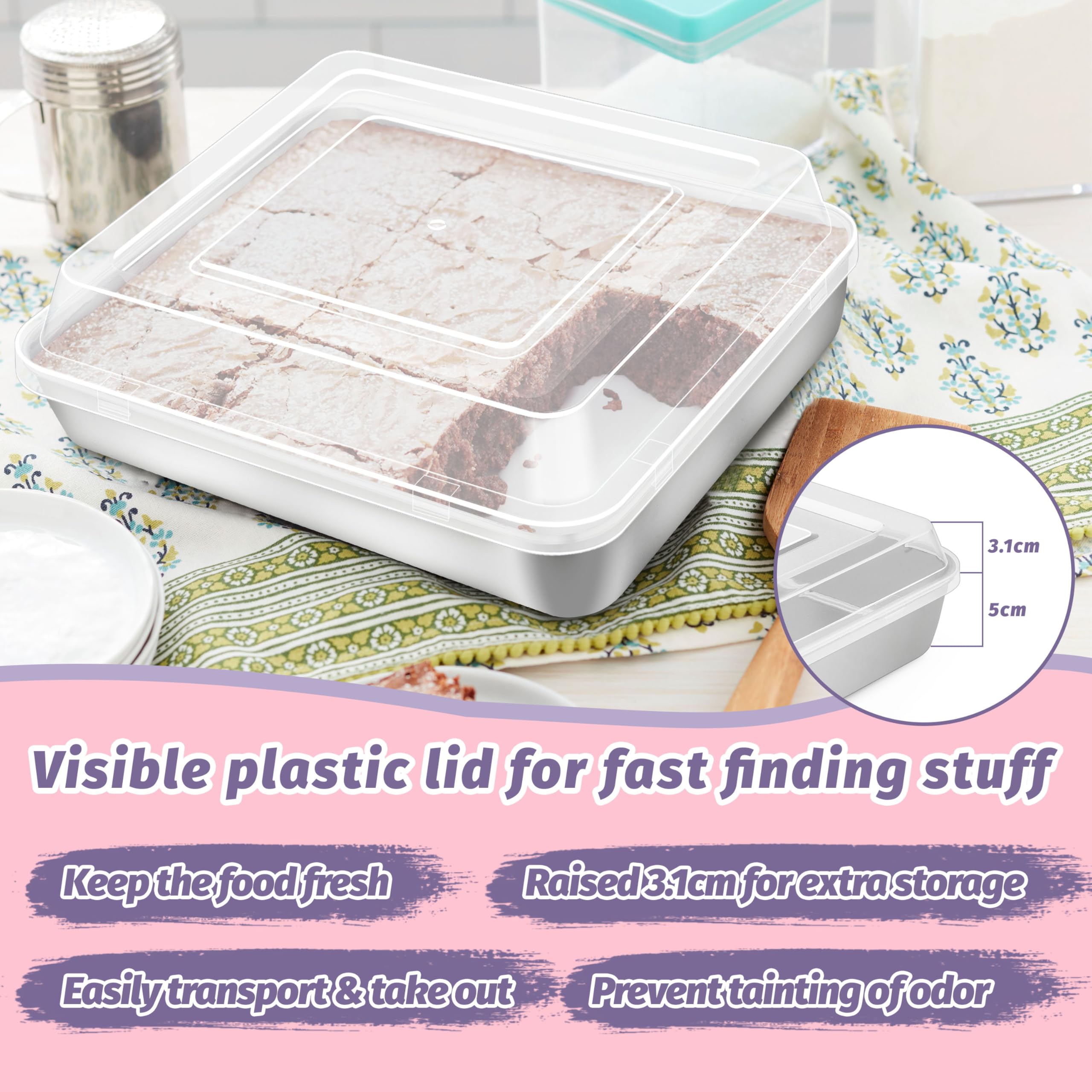 8 x 8 Inch Square Cake Pan with Lid, HaSteeL Baking Sheet with Plastic Cover, Stainless Steel Bakeware Brownie Tin Lasagna Pan, Healthy & Non-Toxic, Matte Finish & Dishwasher Safe, 1 Pan + 1 Lid