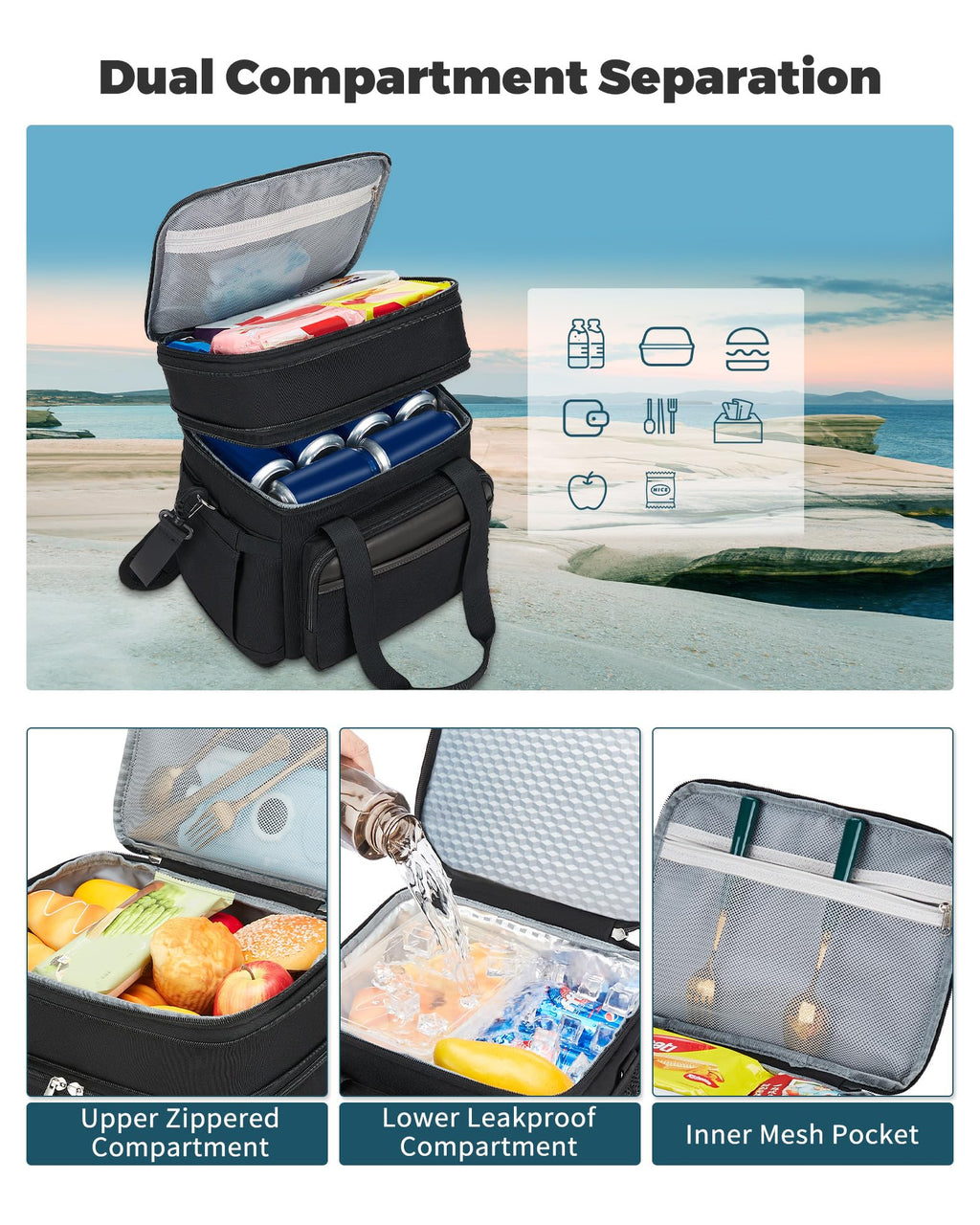 Insulated Lunch Bag for Men Women: Expandable Lunch Bag Box for Work Picnic Travel Outdoor - Large Reusable Leakproof Cooler Bag for Adult - Black