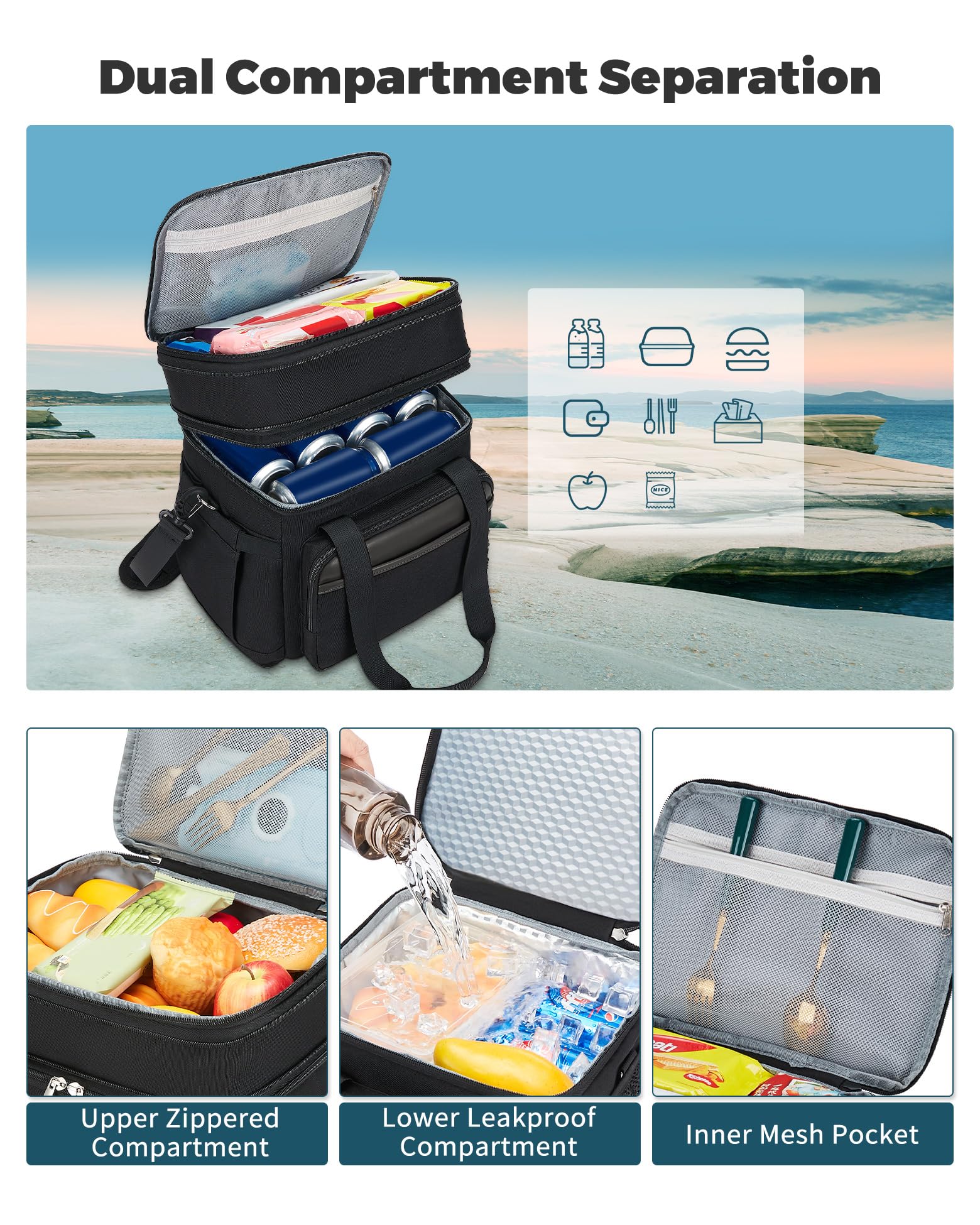 Insulated Lunch Bag for Men Women: Expandable Lunch Bag Box for Work Picnic Travel Outdoor - Large Reusable Leakproof Cooler Bag for Adult - Black