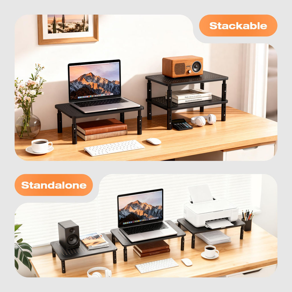 Canyora Computer Monitor Stand Riser for Desk, 3 Height Adjustable PC Laptop TV Desktop Monitor Stand Shelf, Metal Short Printer Table, Stand Riser for Desk, Office Desk Organizers and Accessories, 2 Pack