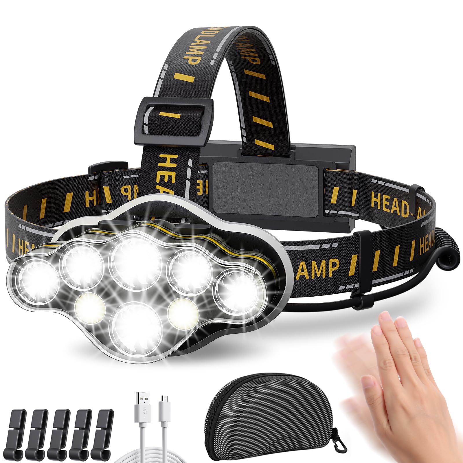 KIDECCE Headlamp Rechargeable,Super Bright 18000 Lumen 8 LED Motion Sensor Head Lamp with Red Light 8 Modes Lampe frontale,Waterproof Headlights for Camping Cycling Hunting Fishing Running Outdoor