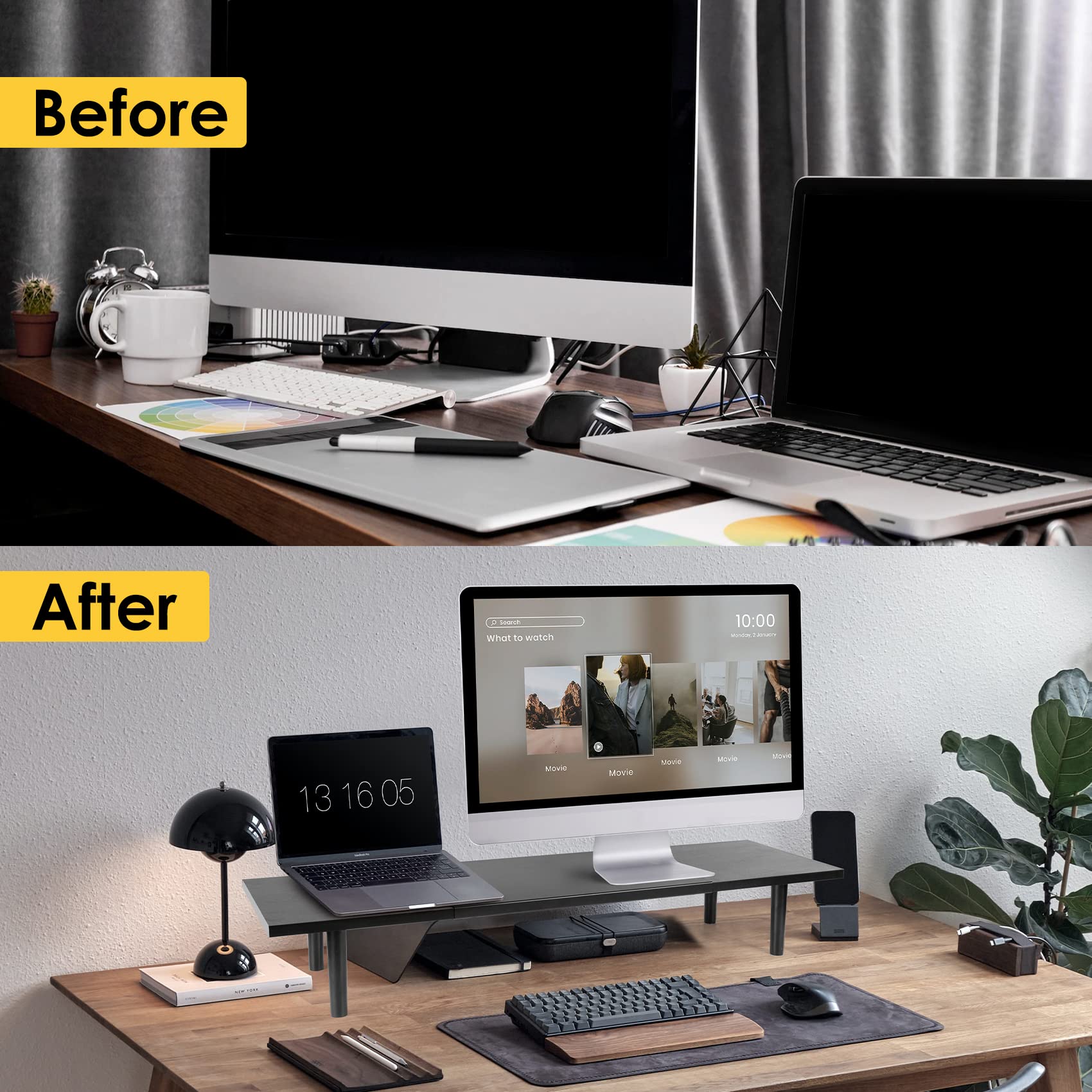 Dual-Monitor-Stand-Riser-For-Desk Adjustable Length 32-40 Inch，Large Desktop Computer Monitor Riser For 2 Screens，Desk Shelf Organizer Riser Stand For Computer/Laptop/PC/Printer/TV