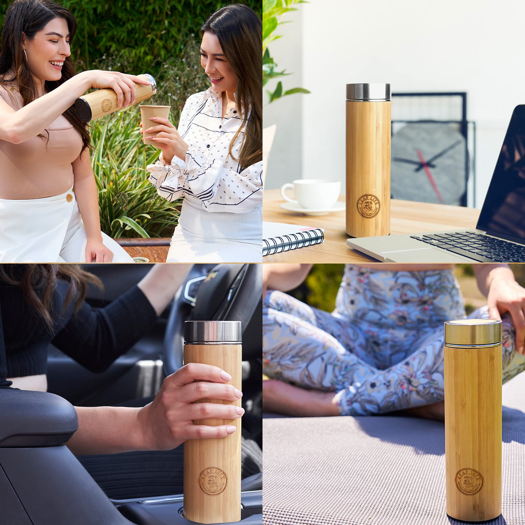 Leaflife Sustainable Bamboo Loose Leaf Tea Tumbler - 17oz Tea Bottle with Infuser - 12 Hrs Hot & Cold-Vacuum Insulated Stainless Steel Tea Gift for Women, Men - Tea Infuser Travel Mug with Lid