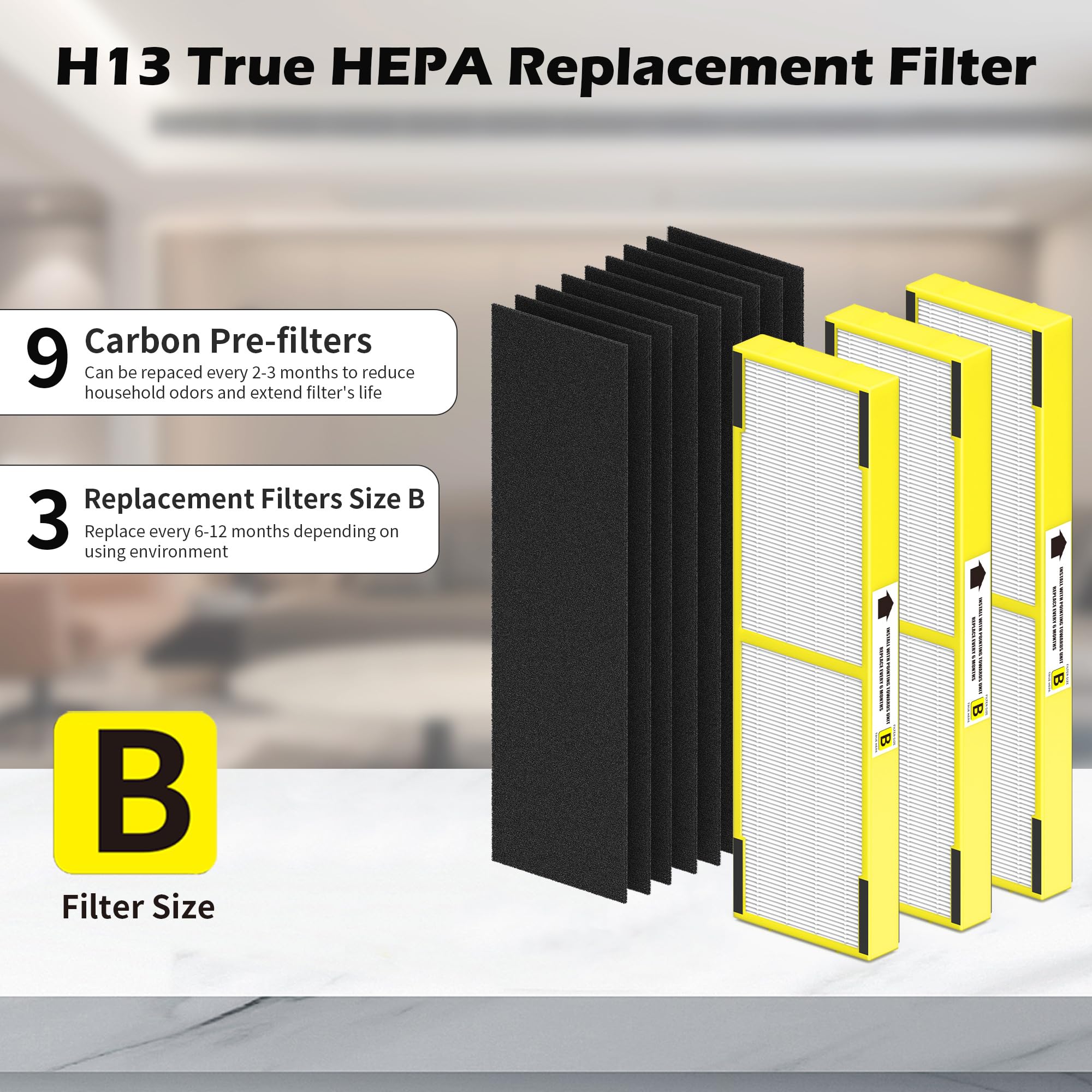 3 Pack FLT4825 HEPA Filter B Replacement Compatible with Germ-Guardian AC4825, AC4850PT, AC4300, AC4900, CDAP4500 and More, 3 True HEPA Filters + 9 Carbon Pre-Filters