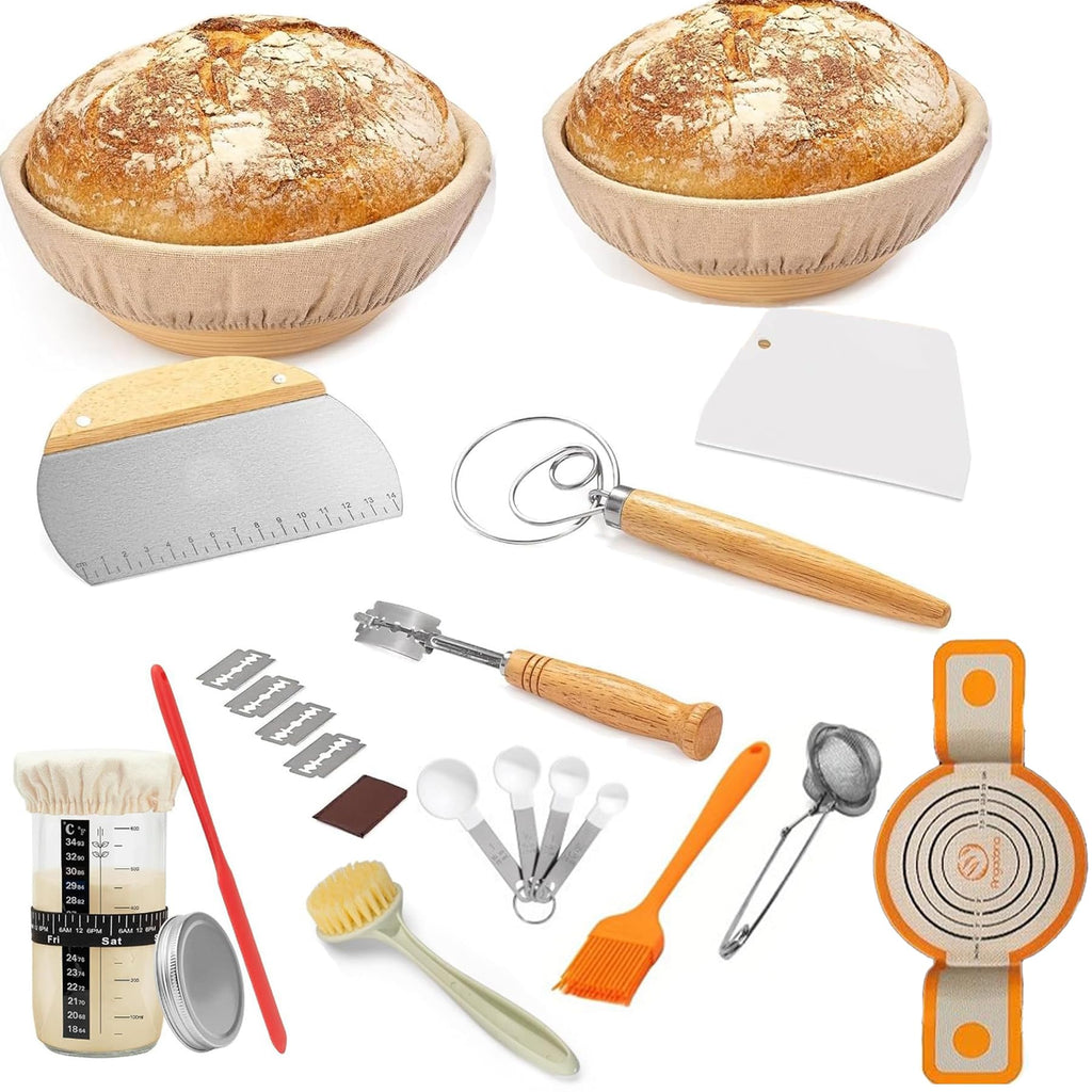 Sourdough Starter Kit, 2 Pcs 9" Round Banneton Proofing Basket, Sourdough Proofing Basket with Danish Dough Whisk, Bread Scoring Lame,Stainless Steel Dough Scraper,Bowl Scraper(2 Pcs 9 inch Round Set)