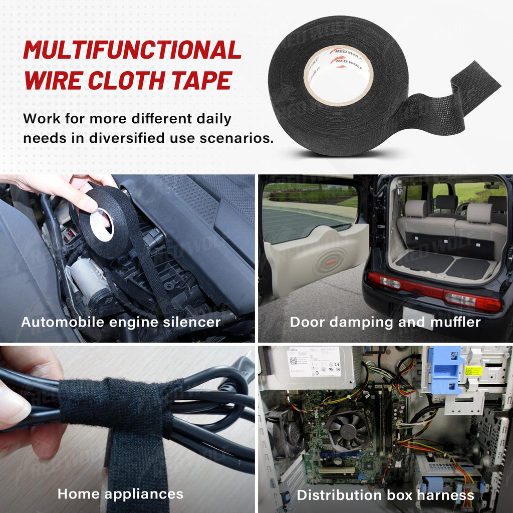 RED WOLF 1 Inch x 50 FT Wiring Harness Cloth Tape 3 Rolls Electric Wire Loom Harness Flexibility High Abrasion Resistance Adhesive for Automobile Electrical Engine Noise Dampening Insulation, Black