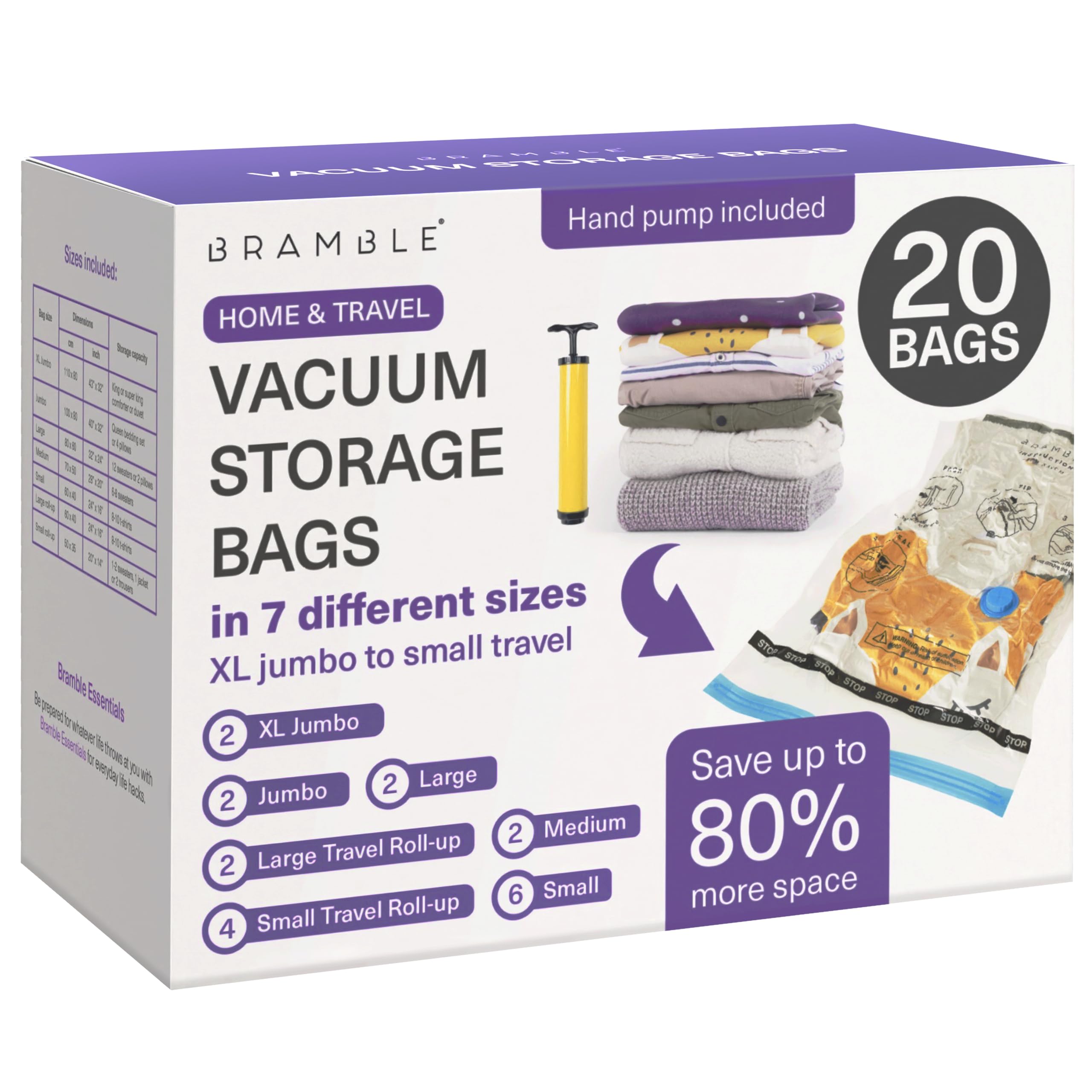 BRAMBLE 20 Pack Vacuum Storage Bags (2 XL Jumbo, 2 Jumbo, 2 Large, 2 Medium, 6 Small, 6 Roll Up) Space Saver Sealer Compression Bags for Clothes, Pillows, Comforters, Blankets, Hand Pump Included