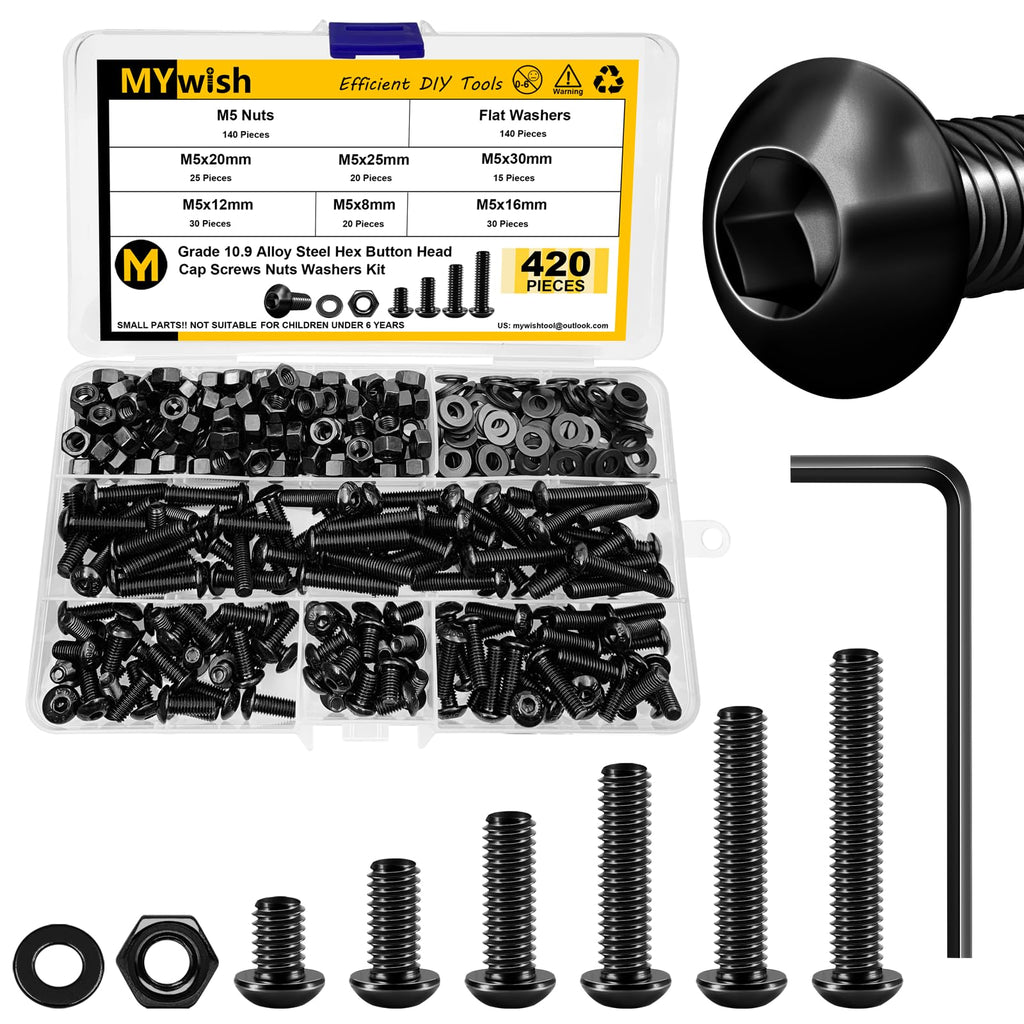 420Pcs M5 Nuts and Bolts, M5 Screws x8mm/12mm/16mm/20mm/25mm/30mm, Metric Screw Assortment 10.9 Grade Alloy Steel, Hex Button Head Cap Metric Screws, Flat Washers/Nuts/Hex Wrenches Black by Mywish