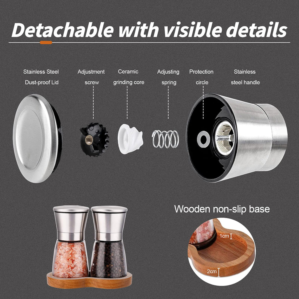 LessMo Salt and Pepper Grinder Set with Wooden Standing Tray, Refillable Pepper Mill Set - Brushed Stainless Steel - Short Glass Shakers with Adjustable Coarseness for Peppercorn, Salt or Spice Mill